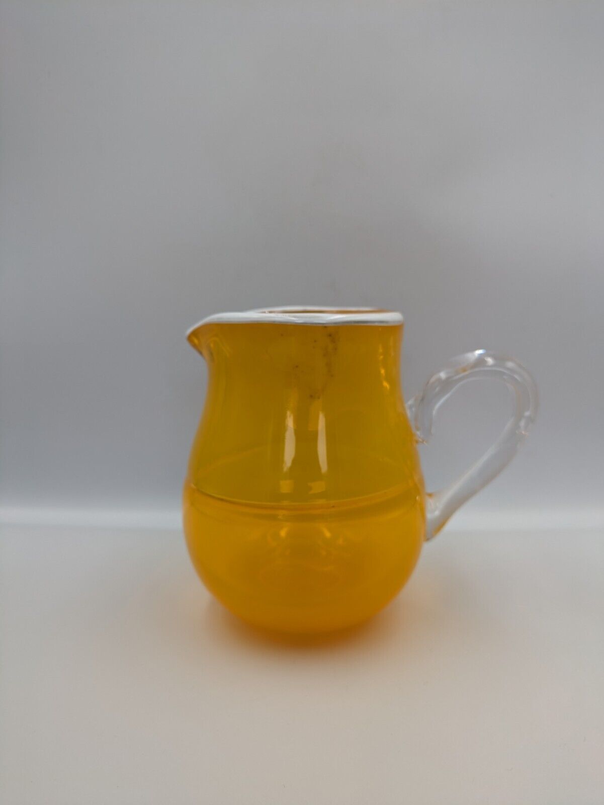 Hand Blown Glass Yellow Pinch Pitcher Applied Handle White Rim American Rare Vgc