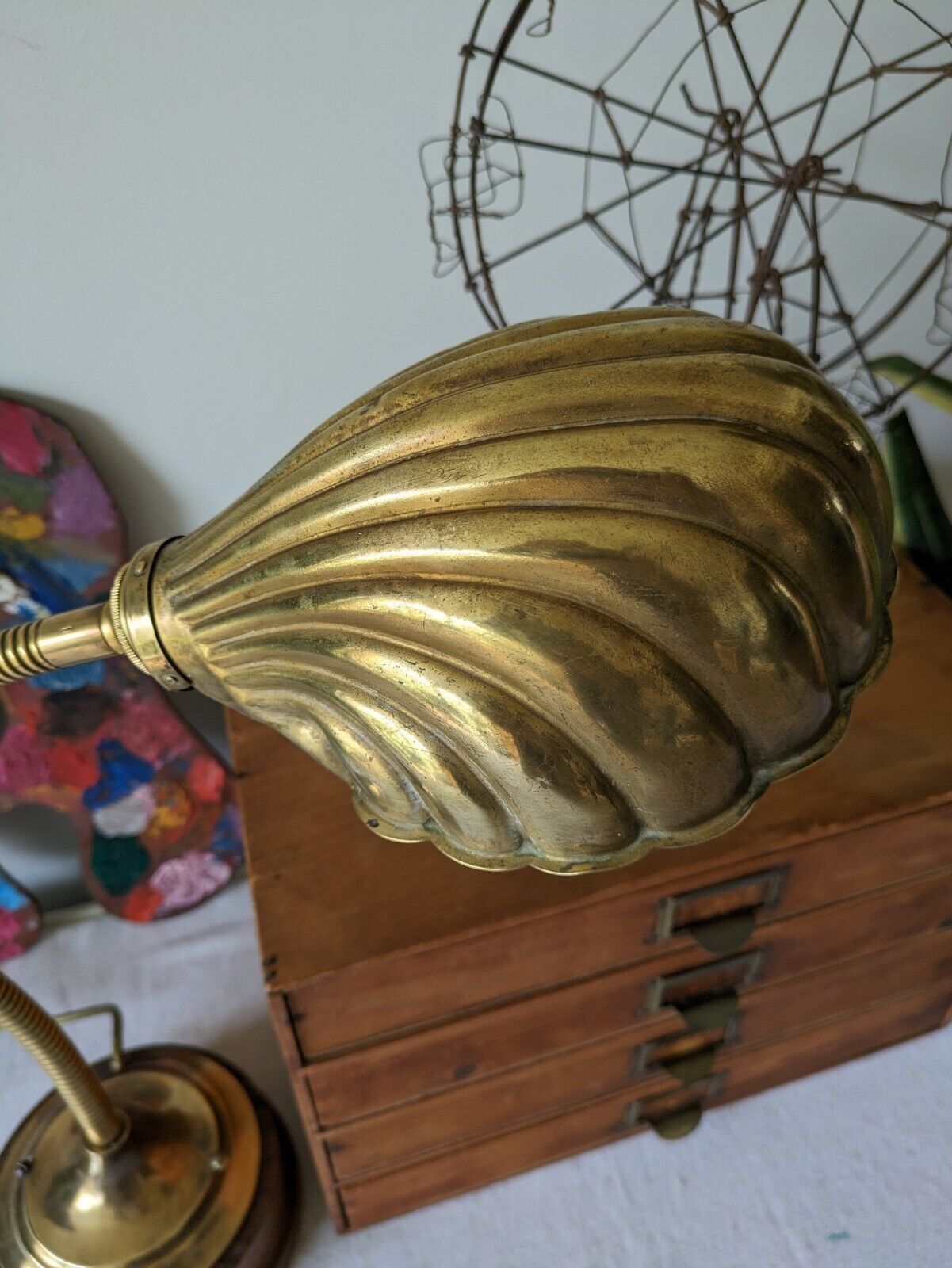 VINTAGE 1920s 30s ANTIQUE ART DECO BRASS GOOSENECK SHELL CLAM DESK LAMP WORKING