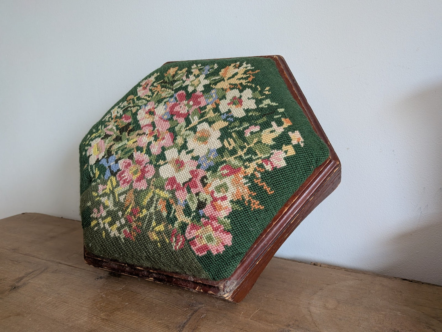 Vintage Hexagonal Footstool Embroidered Needlepoint Wood Floral Tapestry Stool