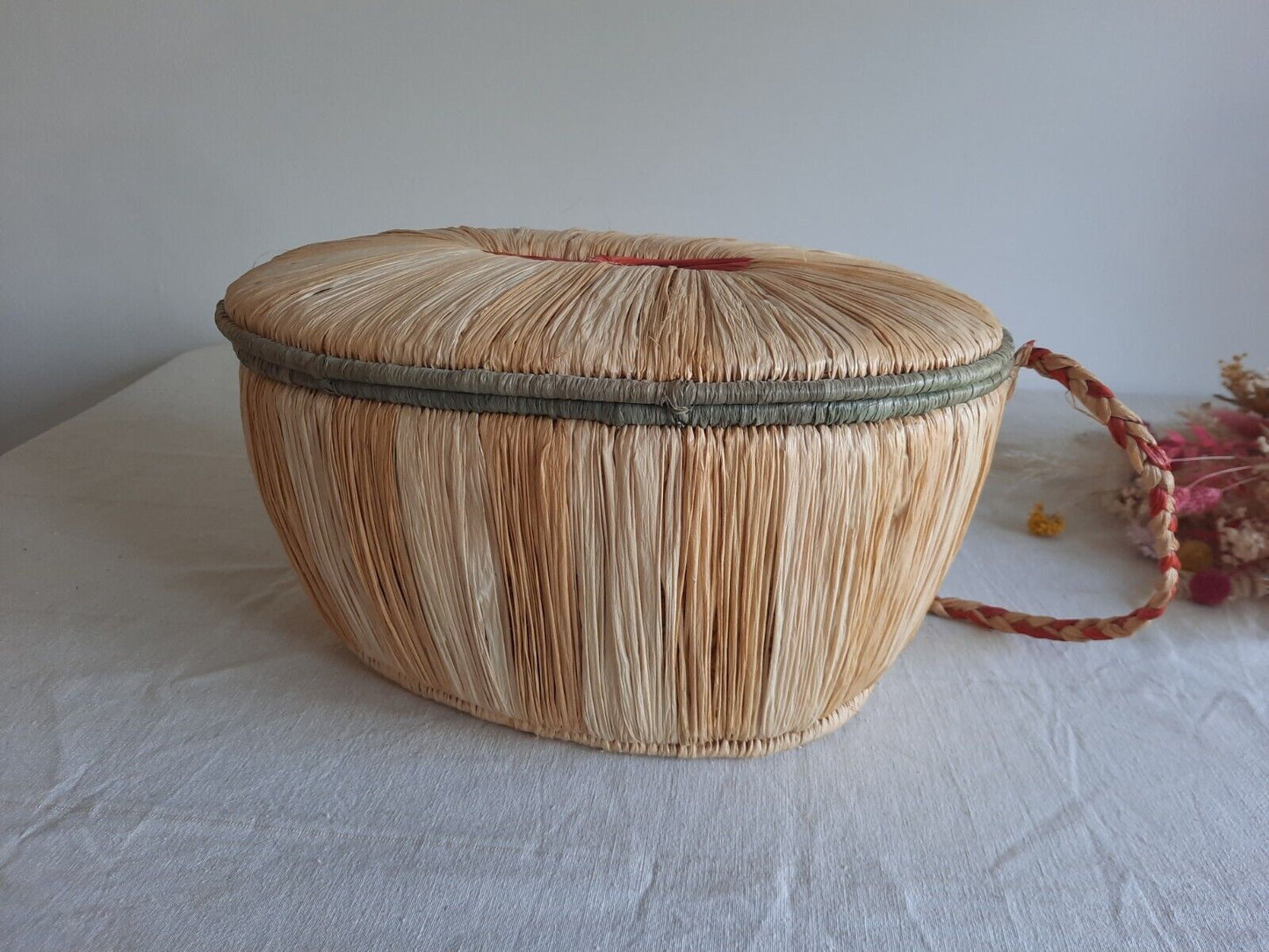 1930s Vintage Rare Wicker Shopping Basket Raffia With Lid And Strap Carry Handle
