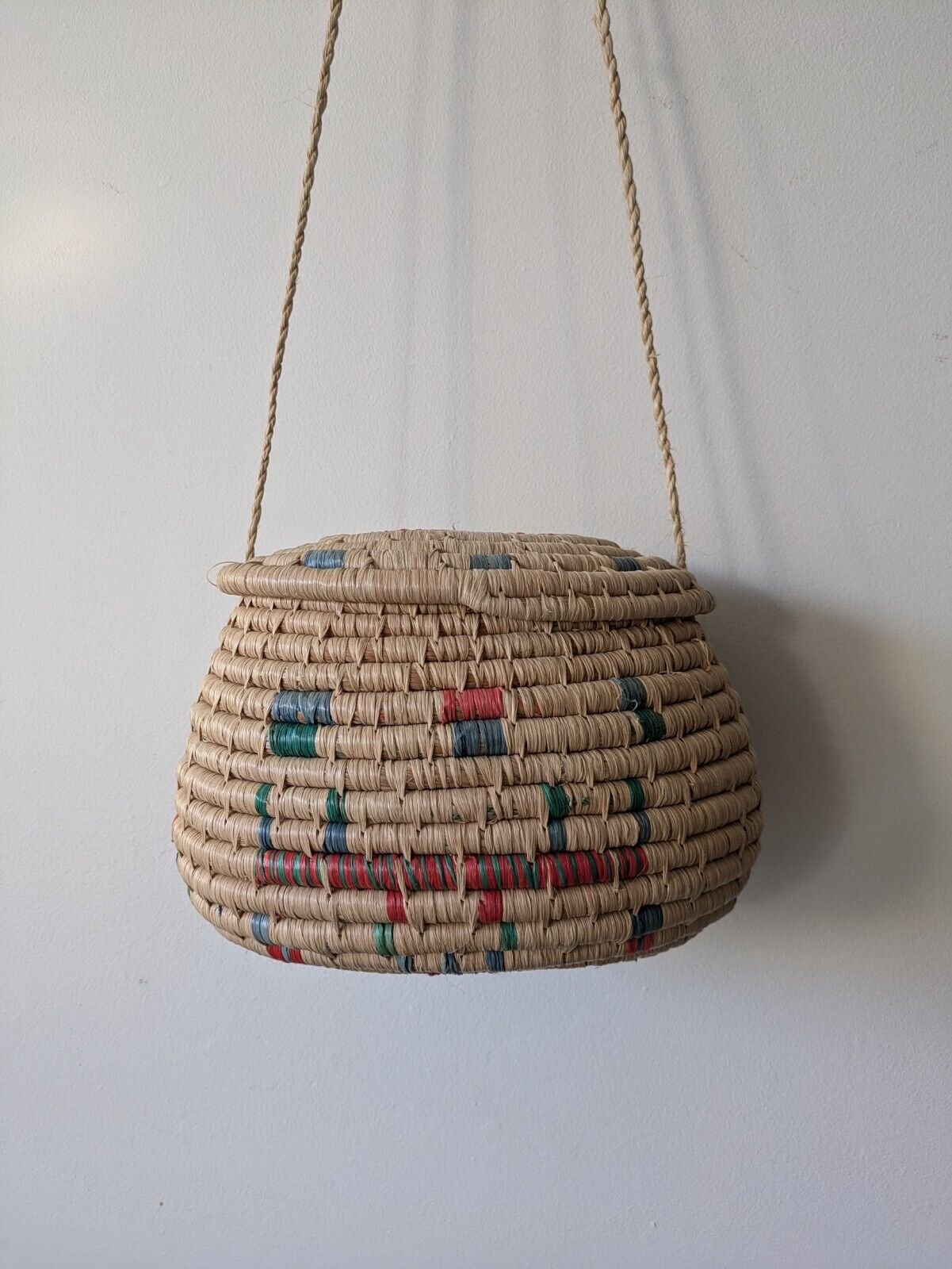 Vintage Native American Woven Coil Oval Basket Lid String Raffia Coloured Bag