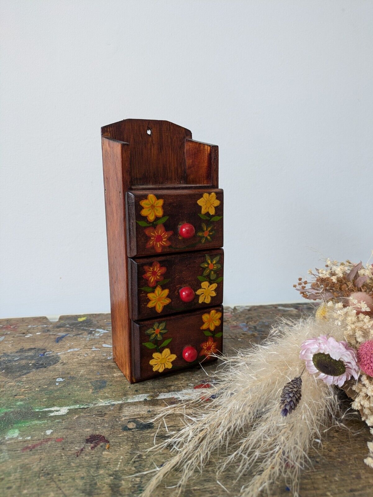 VTG Retro Sewing box 3 Drawer Wooden Drawers Wall Mount Hand Painted Lined Vgc