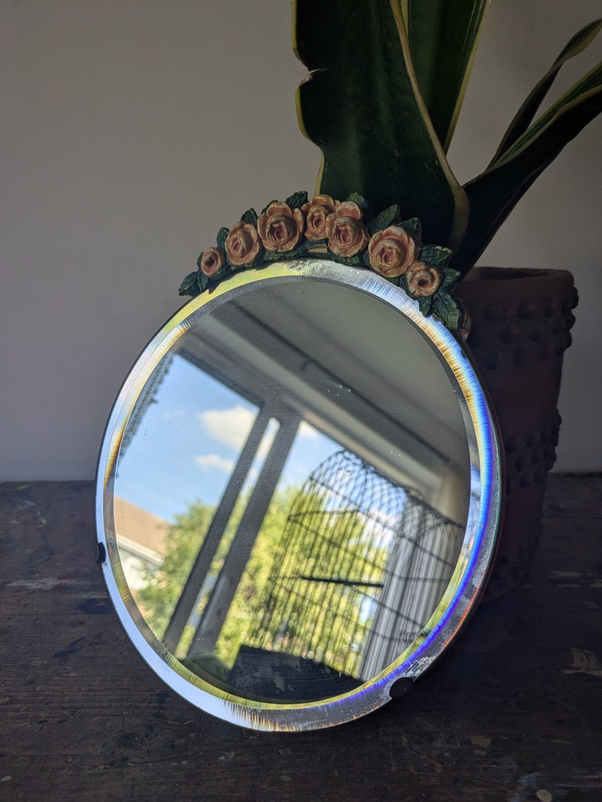 Vintage Barbola Mirror Circa 20s 1930s art deco floral antique Round bevel edge