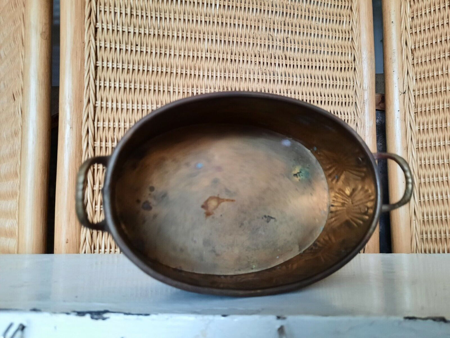 Vintage Oval Copper Planter Plant Pot Holder Deco shell dish two handles rare