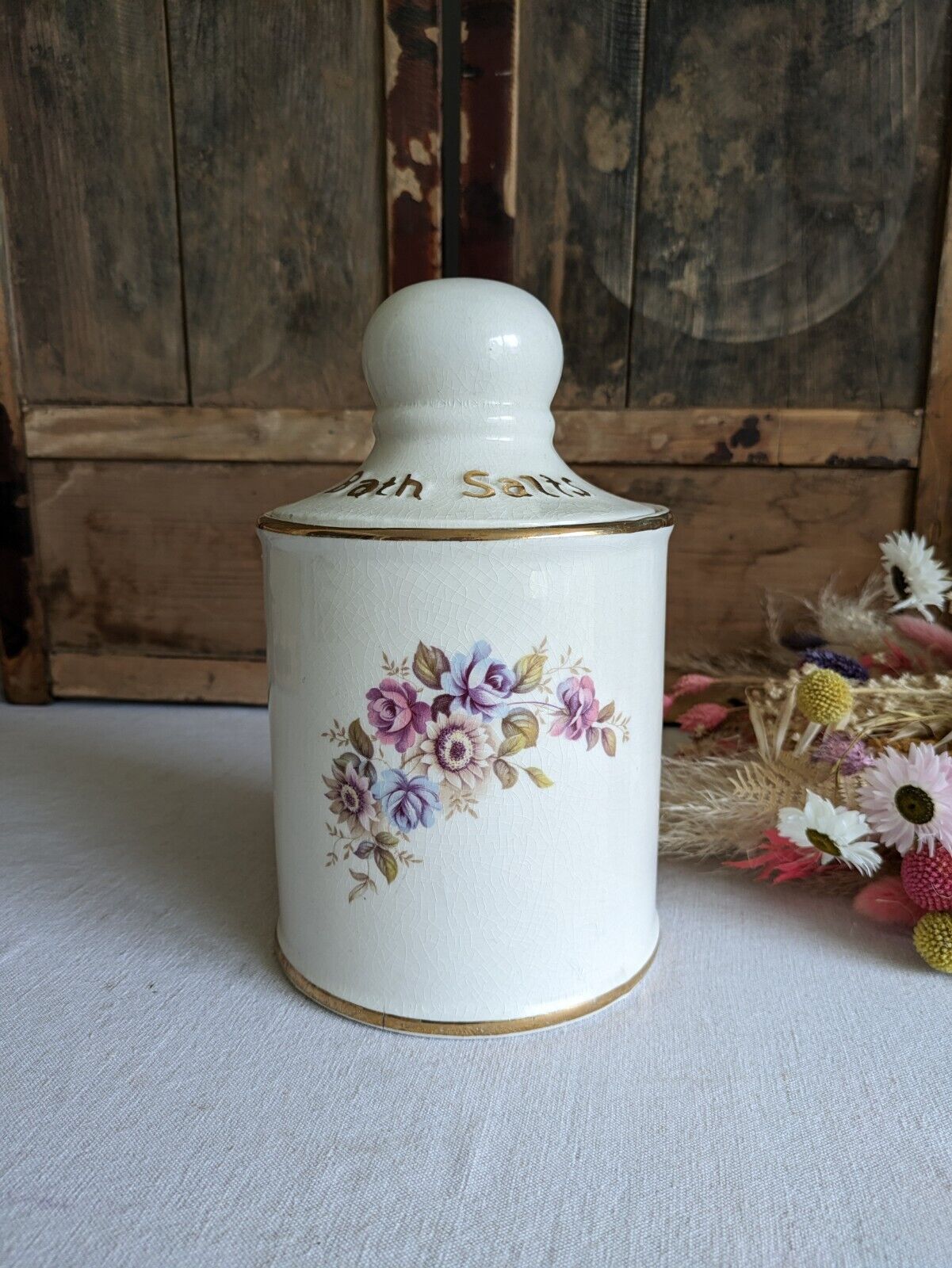 LARGE VINTAGE CERAMIC LID POT BATH SALTS PRICE KENSINGTON FLORAL JAR CONTAINER