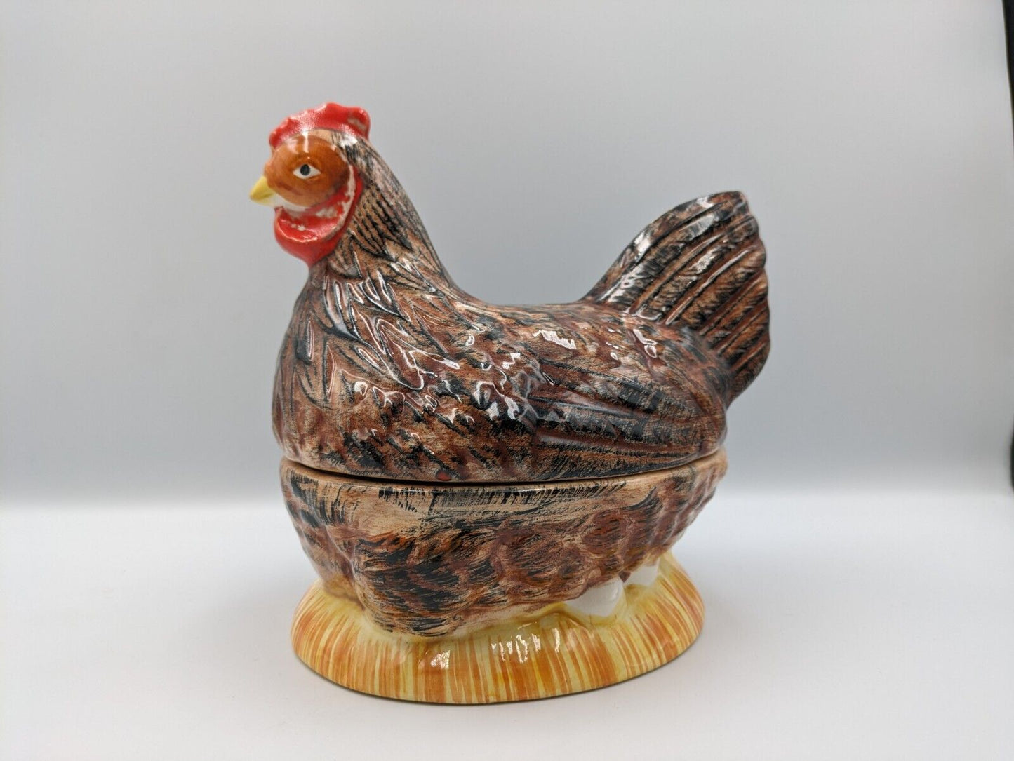 Vintage Michel Caugant French Faience Hen Figurine Pâté Terrine Dish Majolica