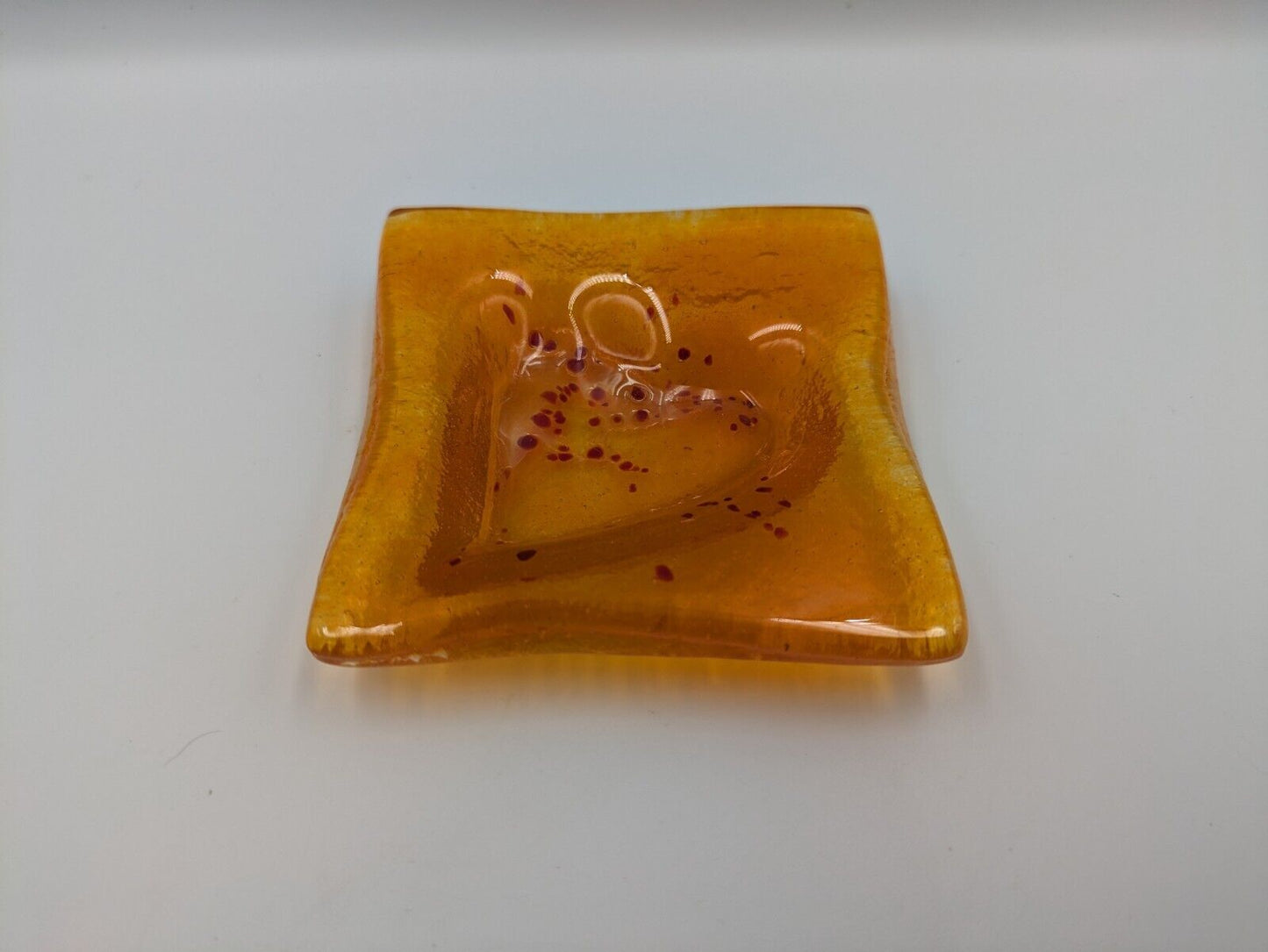 Vintage Mid Century 60s Fused Glass Soap Dish Orange Heart Sq Retro Ash Tray Vgc