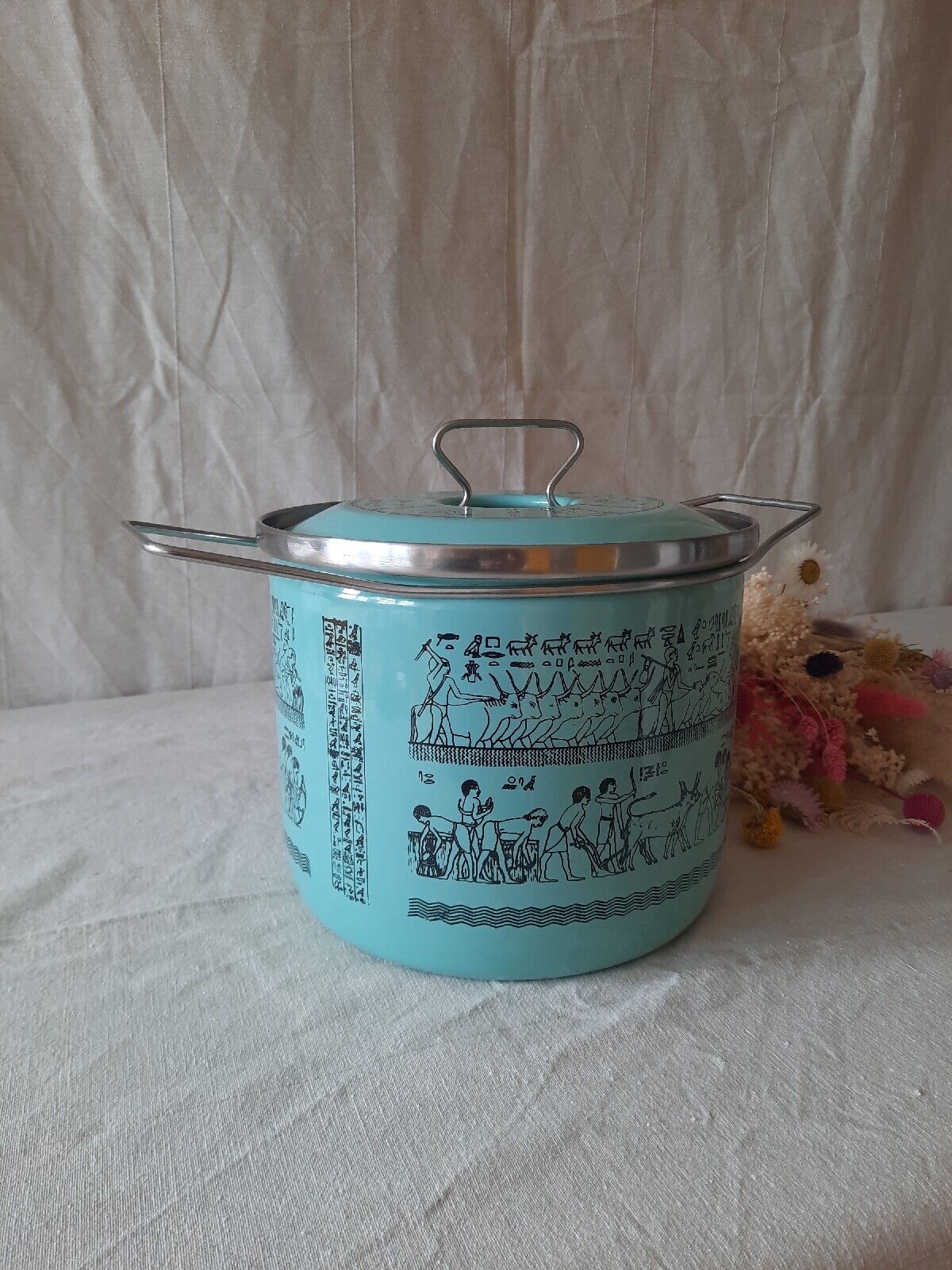 XL Pot in Metal Enamelled Turquoise Duck Egg Siltal Egyptian Design Vtg Retro MC