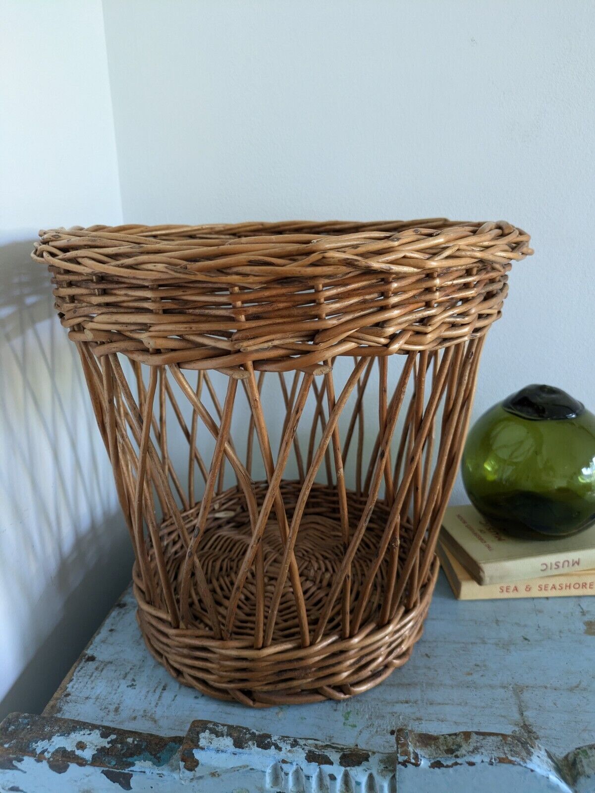 Honey Rattan Round Wicker Waste Paper Basket Woven Log Wood Storage Vintage Bin