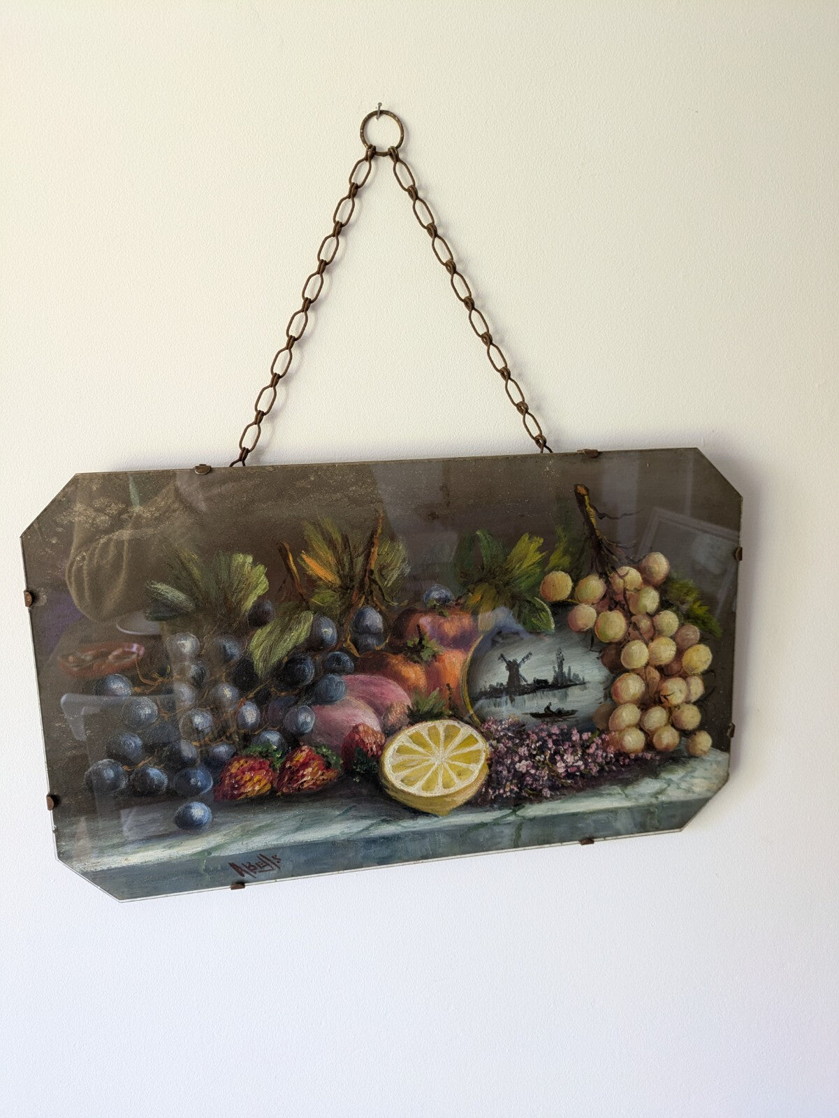 Abells Signed Still Life Oil Fruit Grapes Frameless 1920s Painting Dutch Glass