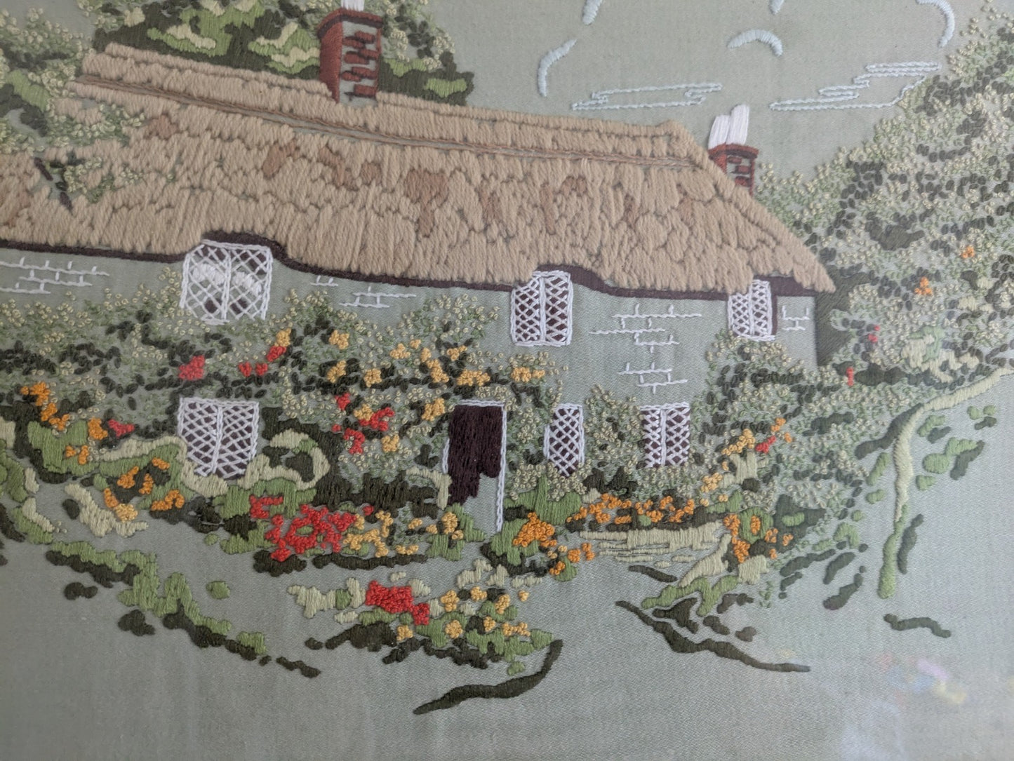 Vintage Old Needlework Crewel Stitchwork Crochet Cottage House Picture English