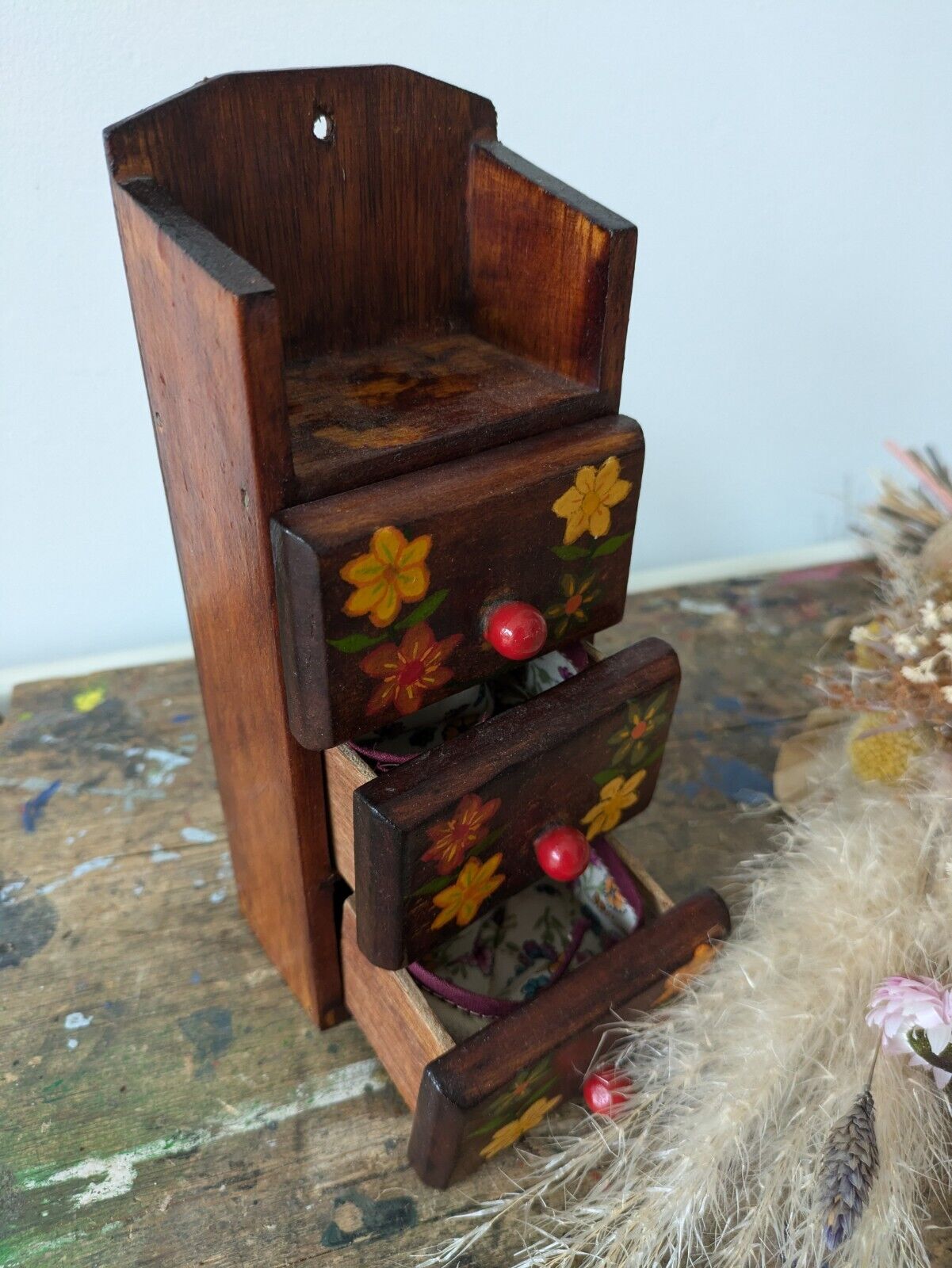 VTG Retro Sewing box 3 Drawer Wooden Drawers Wall Mount Hand Painted Lined Vgc