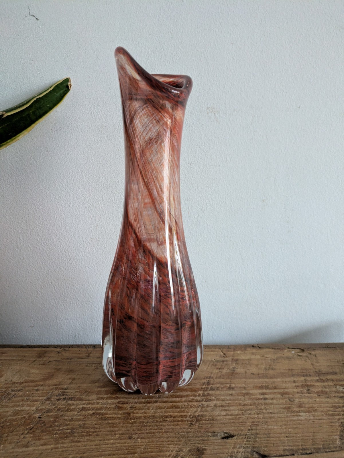 VTG Murano? Studio Art Glass Hand Blown Brown Vase Tall Ribbed Fluted MCM Prop