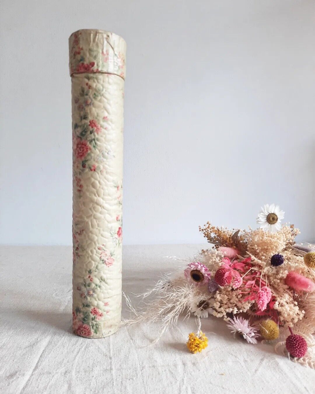 Vintage Knitting Needle Floral Case Rose Fabric Tube Rare Antique French Shabby