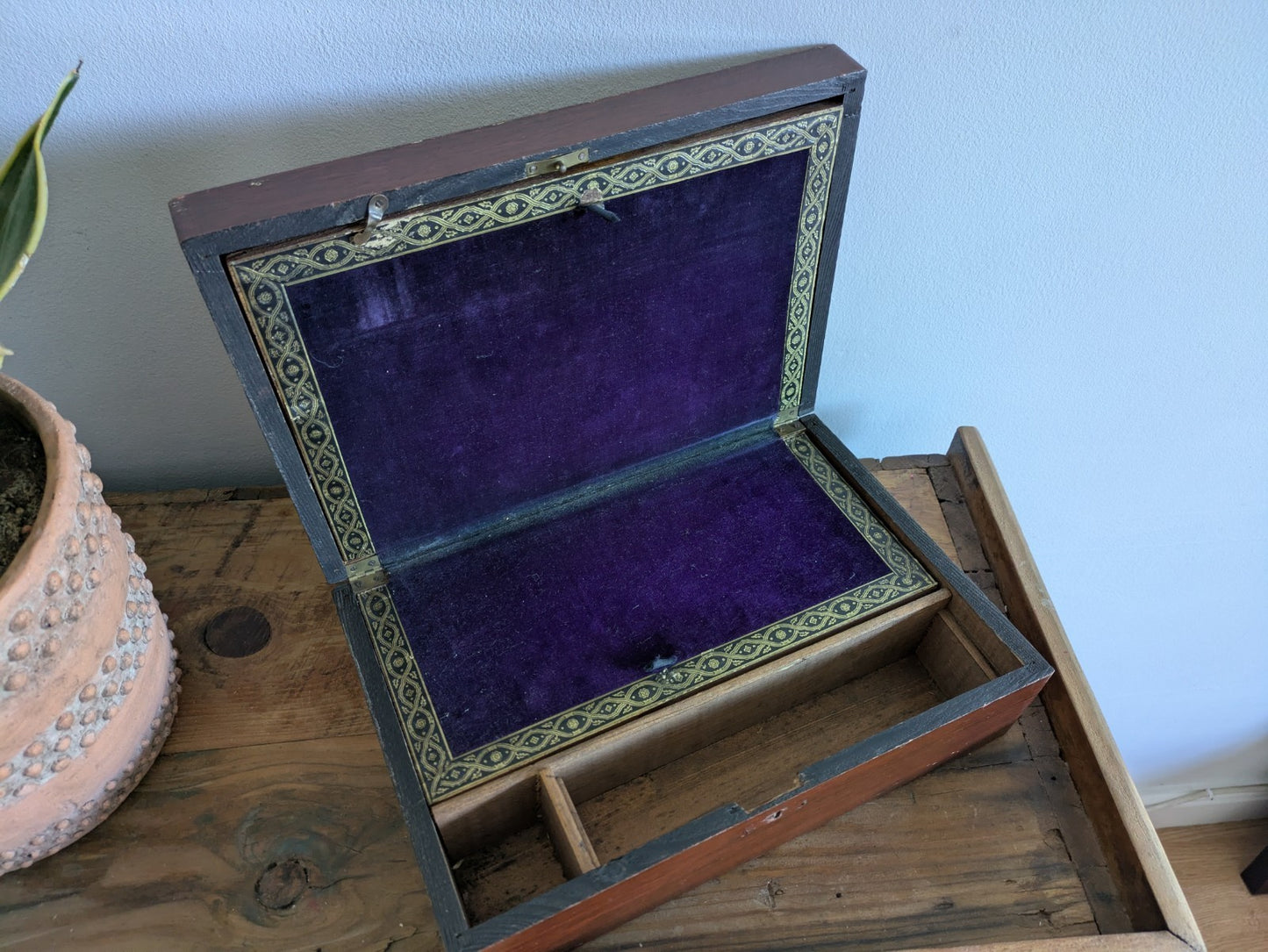 Antique 19th Century English Art Nouveau Campaign Writing Slope Desk Velvet Rare