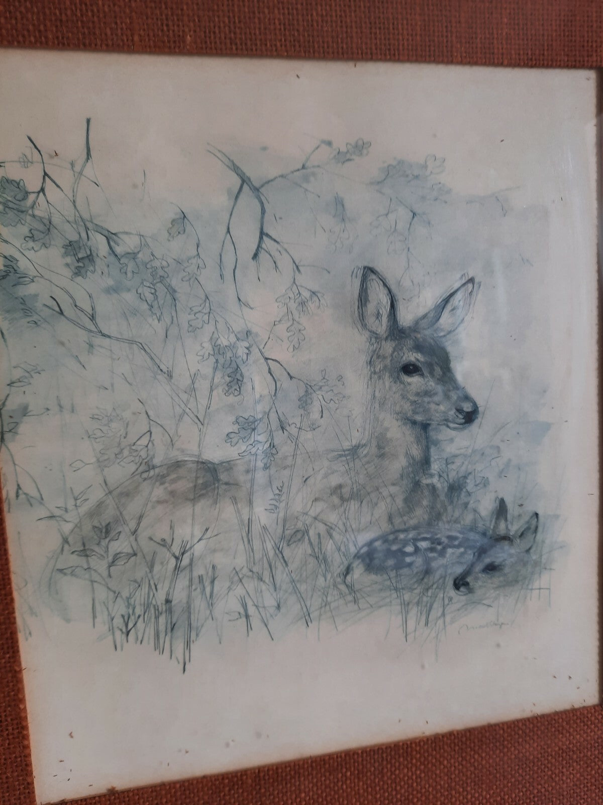 Vintage 1980's Picture Print. Mads Stage. Danish Artist Deer Fawn Retro Nature