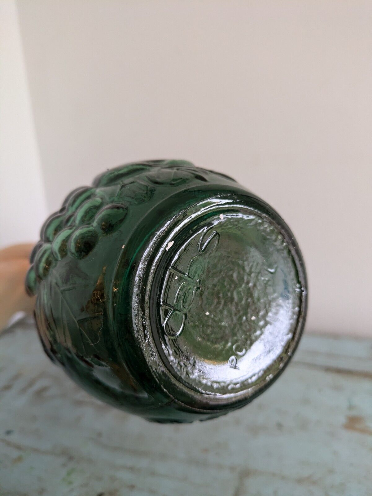 Vintage Green Glass Bottle Decanter With Stopper Fruit Motif DABS Portugal Genie