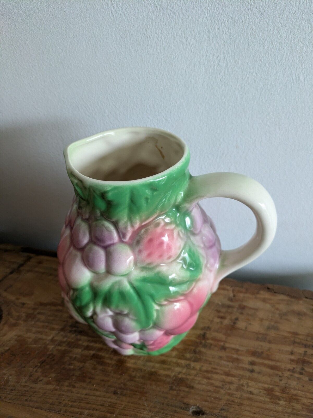 Large Vintage Salins Les Bains-style Barbotine Majolica Fruit Pattern Jug 19cm