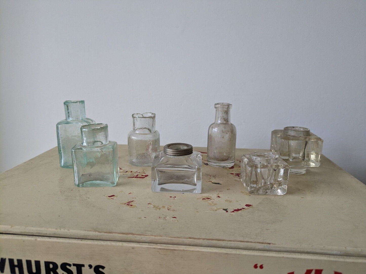 7x Antique Vintage Glass Bottles vase flower original apothecary ink old Bell