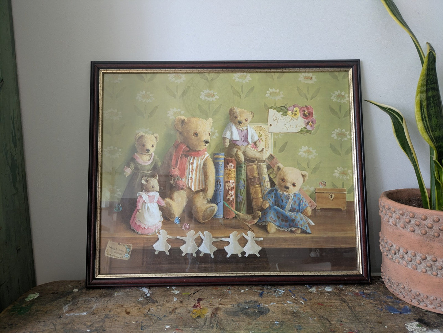 Large Vintage Deborah Jones Teddy Bear Print Framed Nursery Toys Child's Room Vg