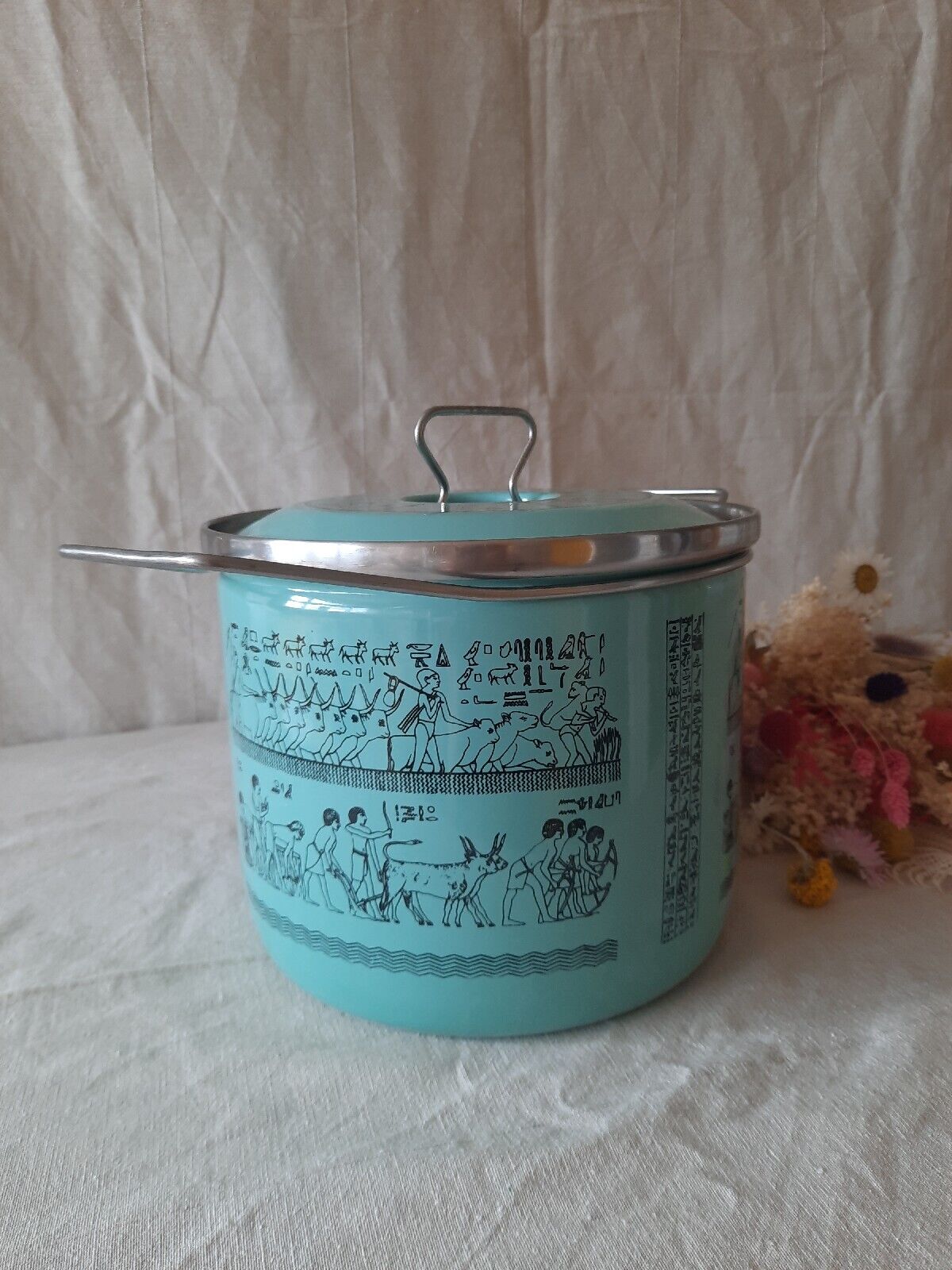 XL Pot in Metal Enamelled Turquoise Duck Egg Siltal Egyptian Design Vtg Retro MC