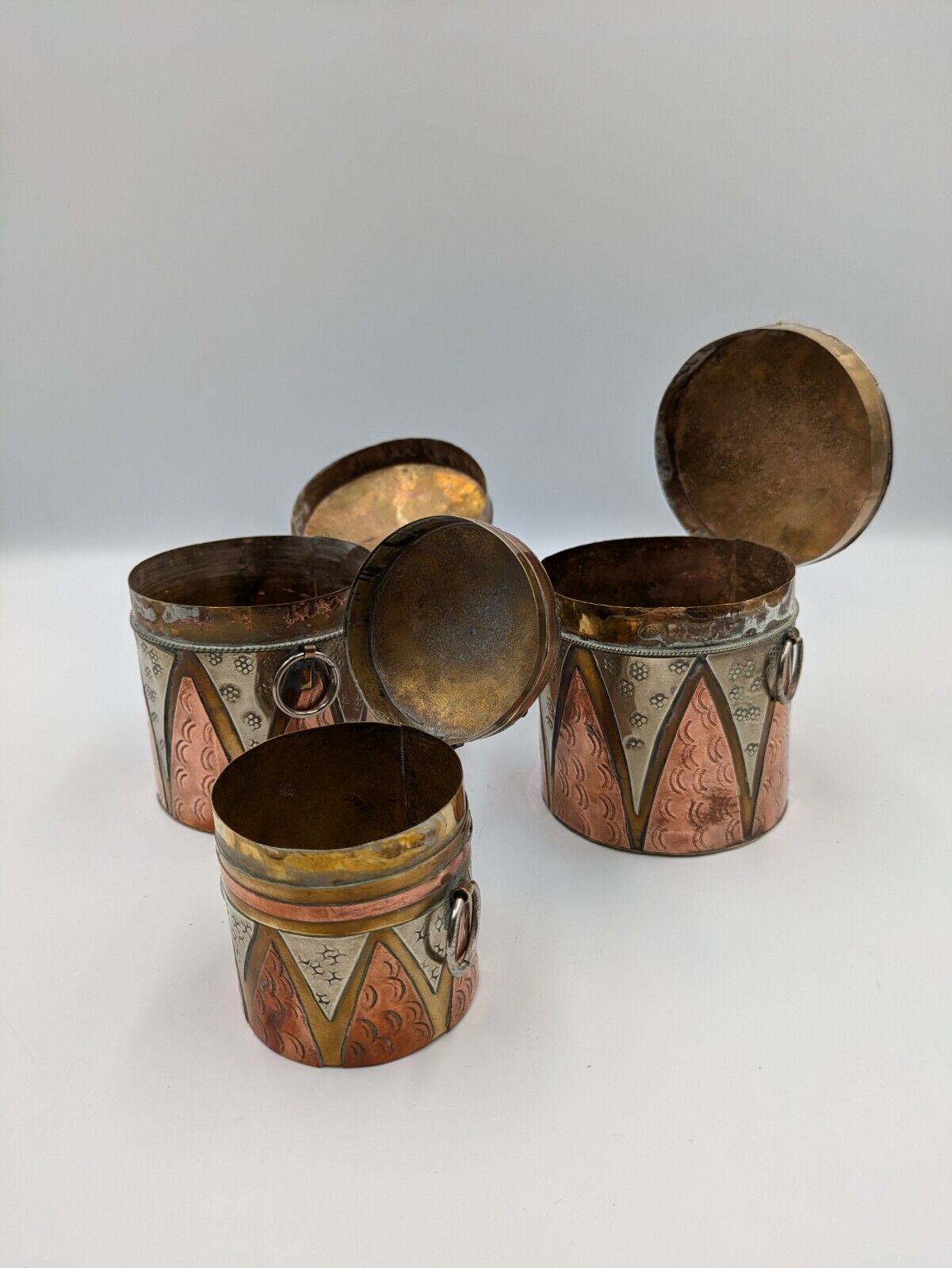 SET OF 3 VTG ISLAMIC PERSIAN COPPER BRASS MIXED METALS SNUFF HANGING BOX GIFT