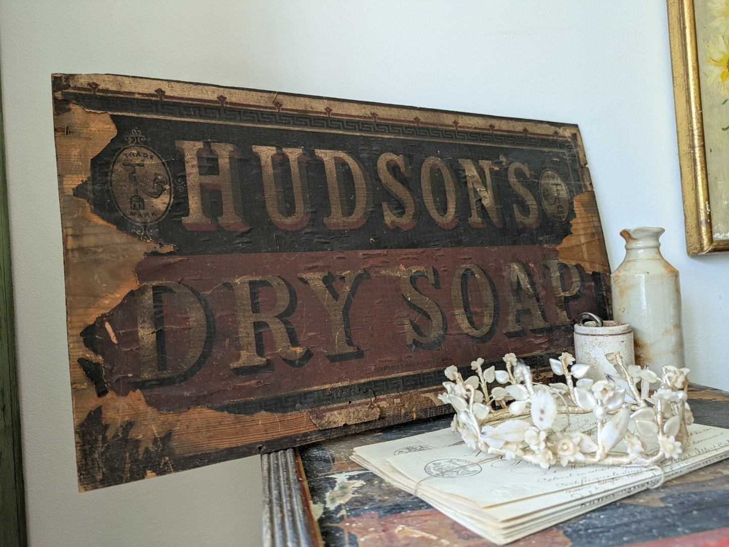 ANTIQUE ORIGINAL HUDSON'S DRY SOAP BOX LID SIGN PICTURE PLAQUE ADVERTISING WOOD