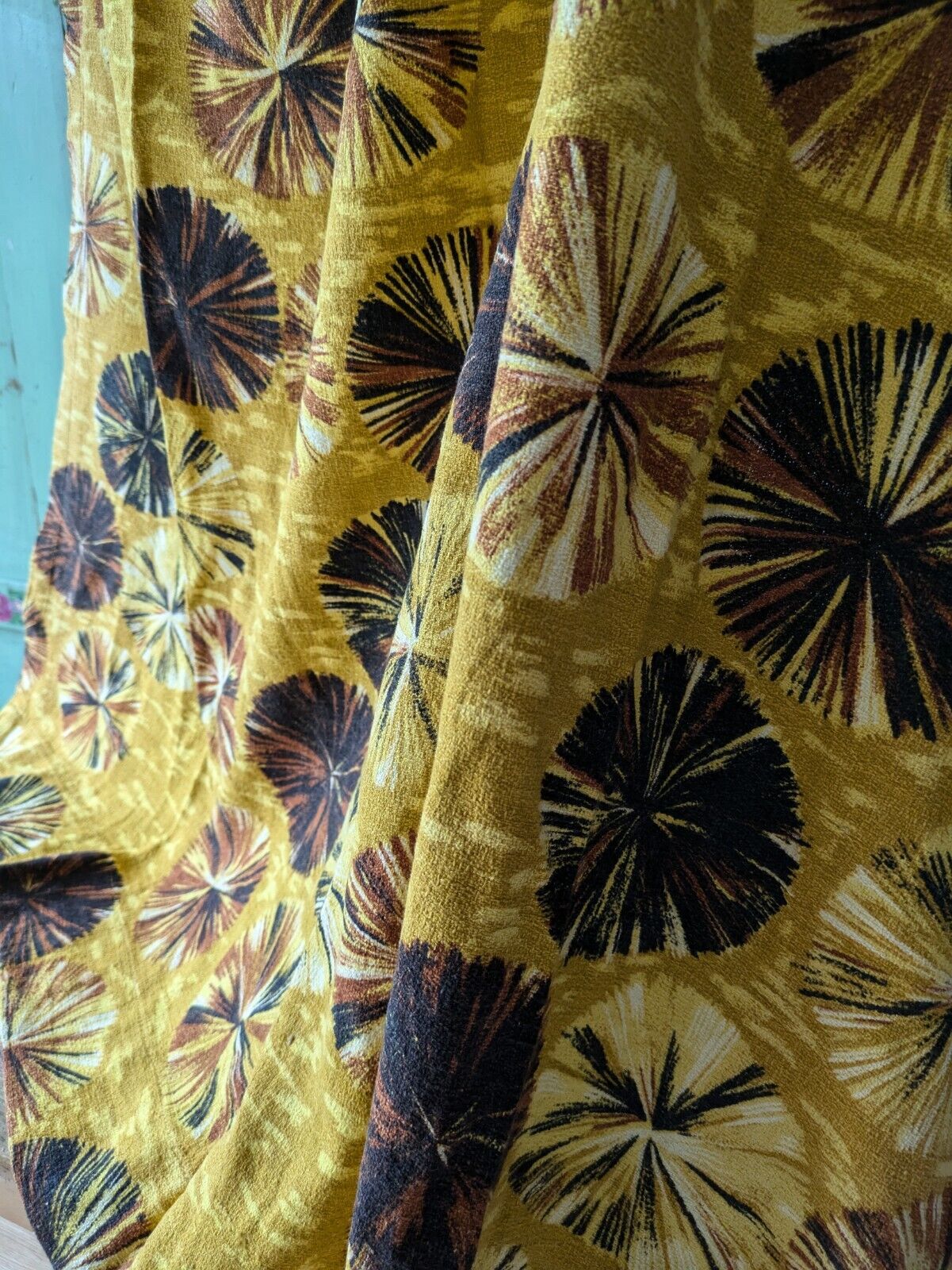 Pair of barkcloth Curtains Yellow rare retro vintage Mustard Spot Floral Bloom