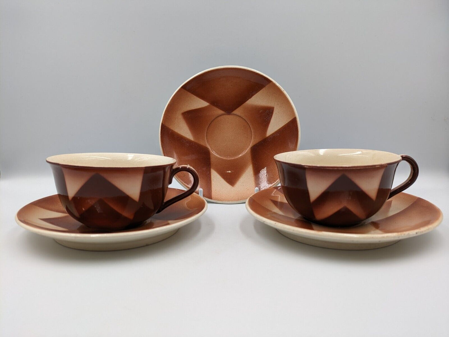 2x 1920s West German Waku Feuerfest Keramik Coffee Cups Saucers Art Deco Antique