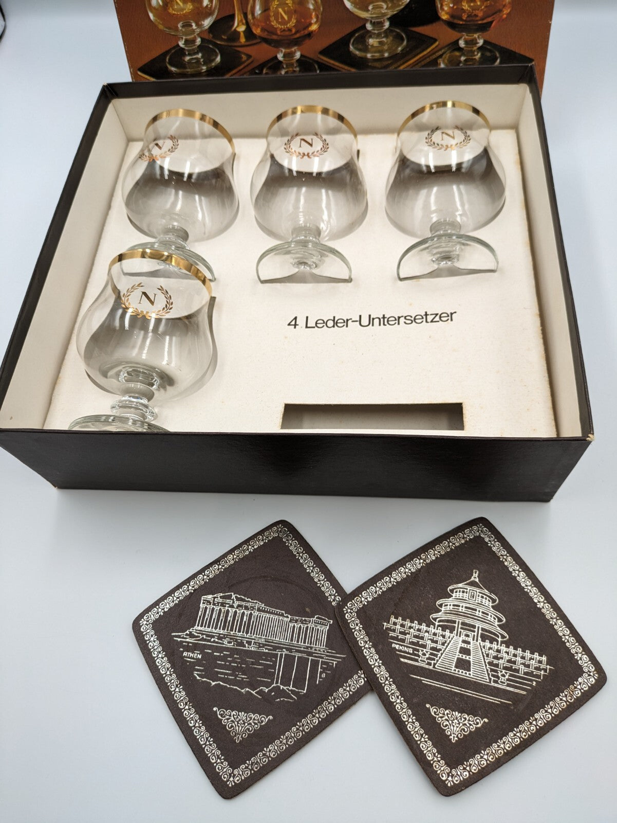 4 X NAPOLEON RETRO BRANDY COGNAC GLASSES GOLD CROWN BALLOON STYLE SNIFTERS Boxed