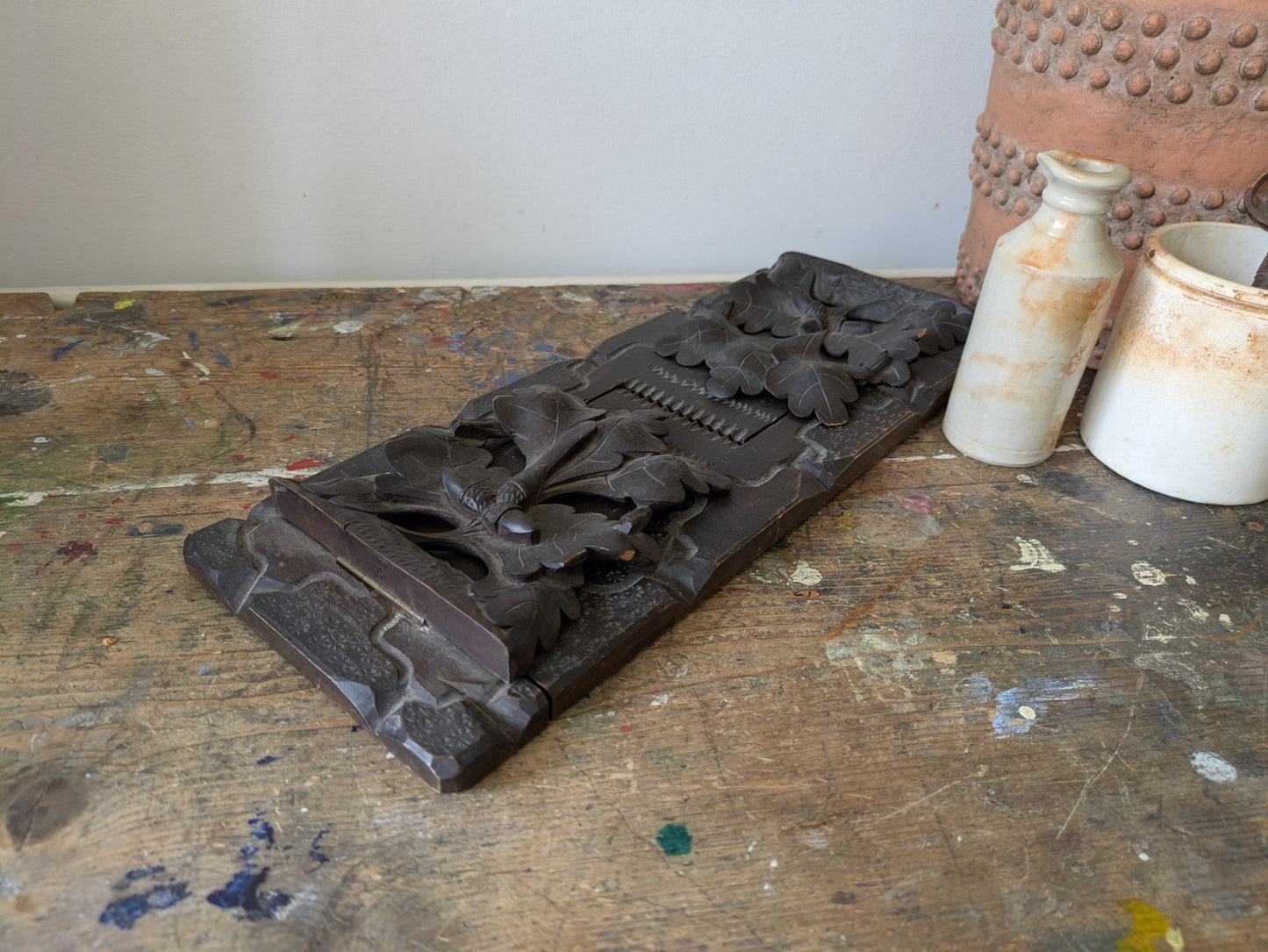 ANTIQUE VTG RARE SWISS BLACK FOREST CARVED WOOD FOLDABLE SLIDING BOOK STAND RACK