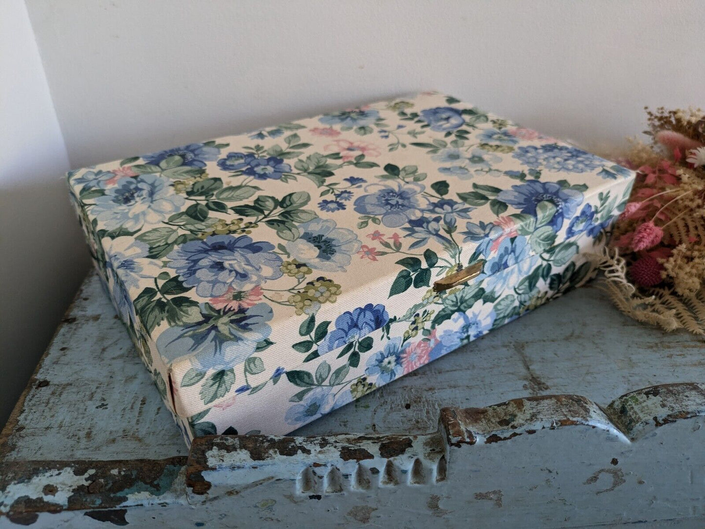 vintage floral Ribbon jewellery box Rose flowers organizer fabric cover Sew Blue