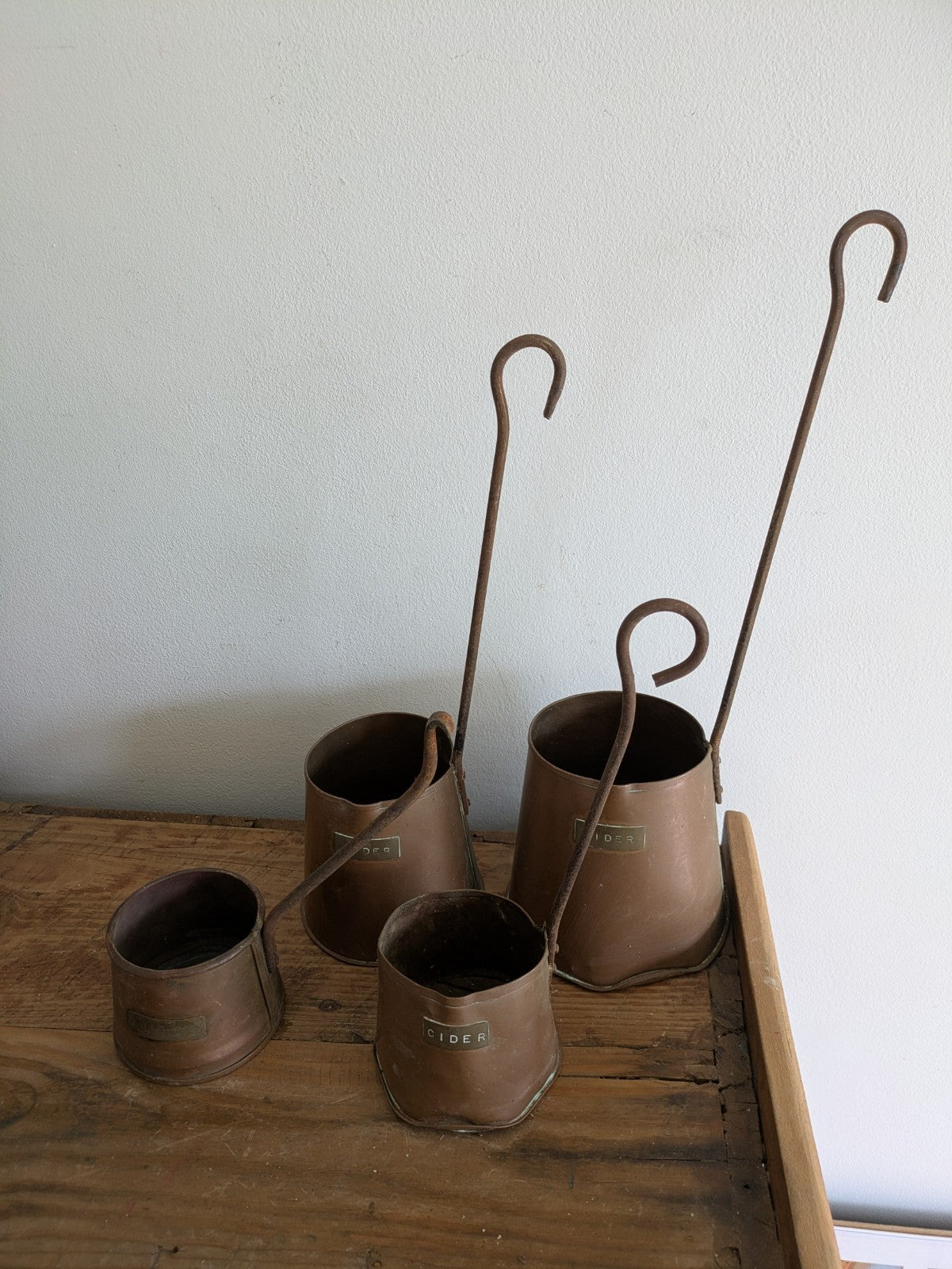 Antique Set of 4 Copper Cider Measures Long Iron Handled Ladles Jugs Cups Vintag