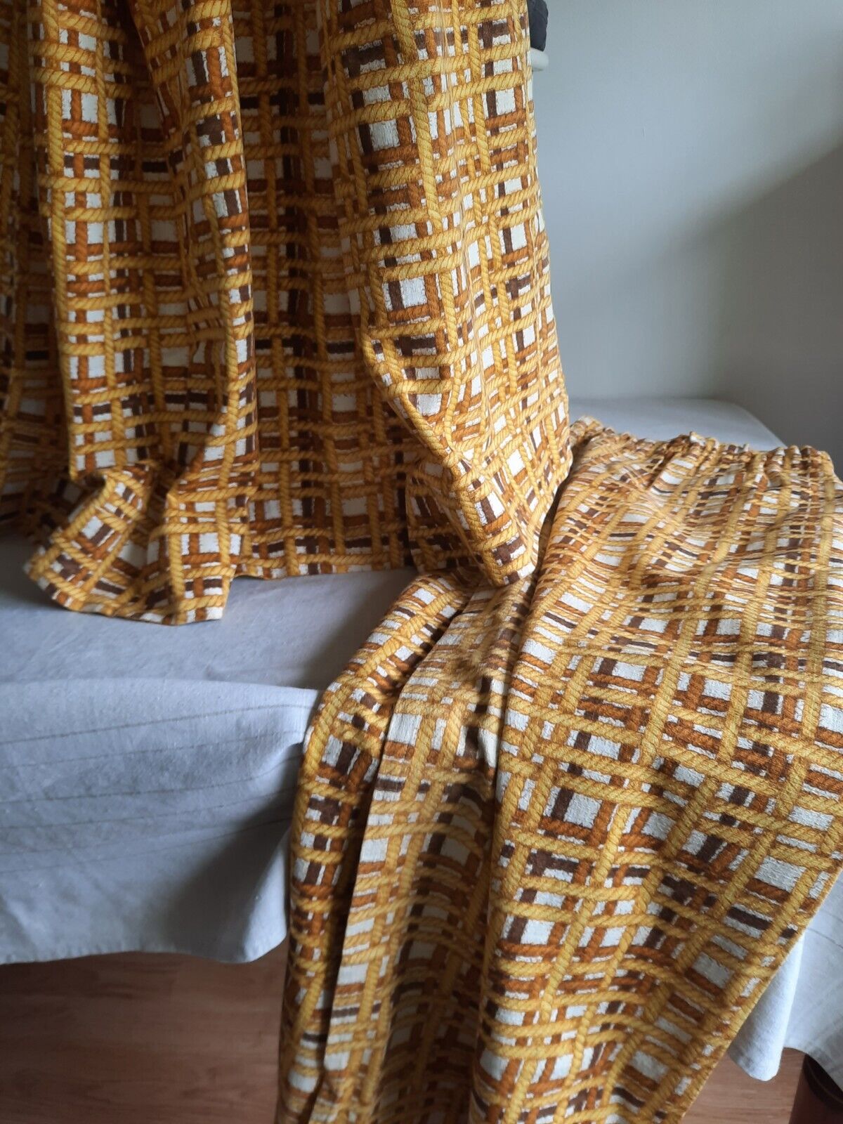Pair of barkcloth Curtains Rope rare retro vintage braided trompe-l’oeil Rare