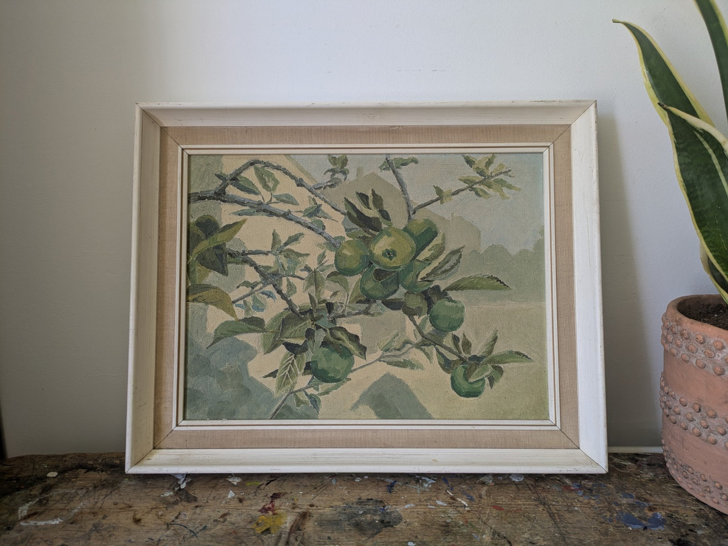 Vintage Apple Tree Original Painting Mid Century Framed Still Life Fruit Retro