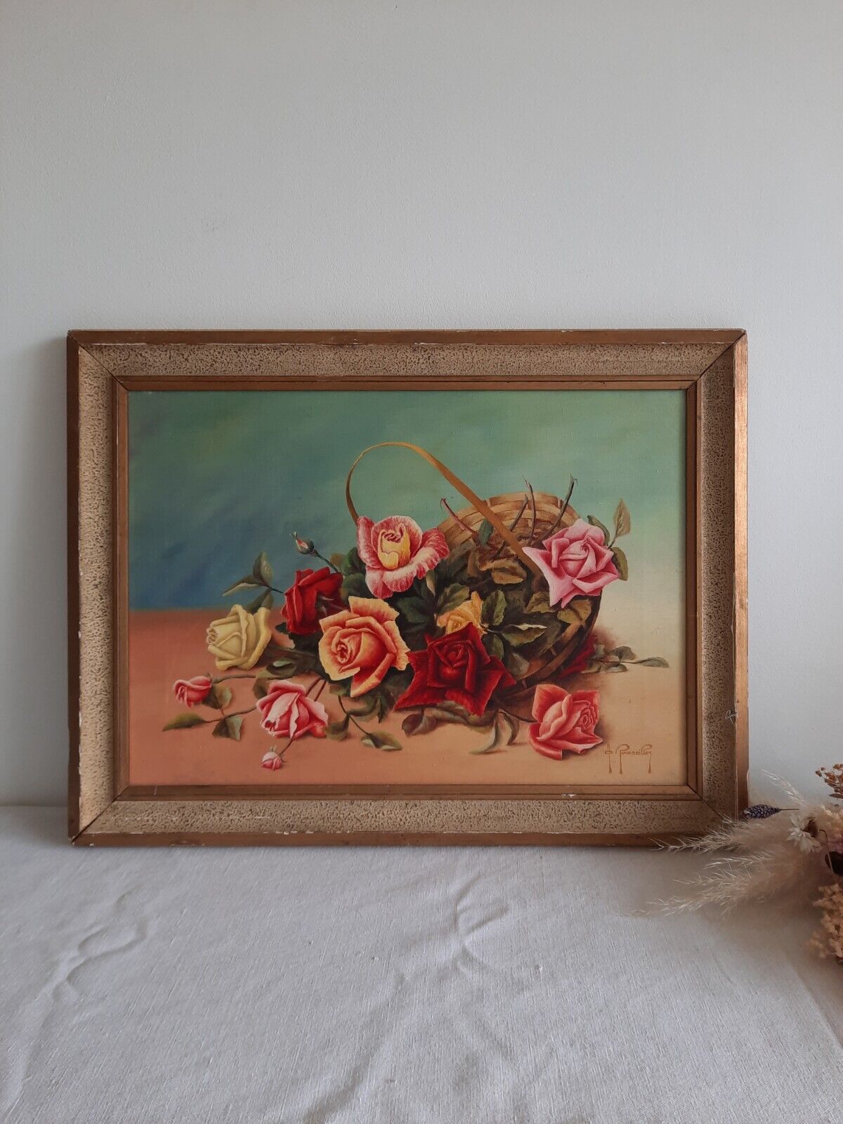 1950's Painting Floral Bouquet Picture frame vintage Shabby Chic Still Life Old