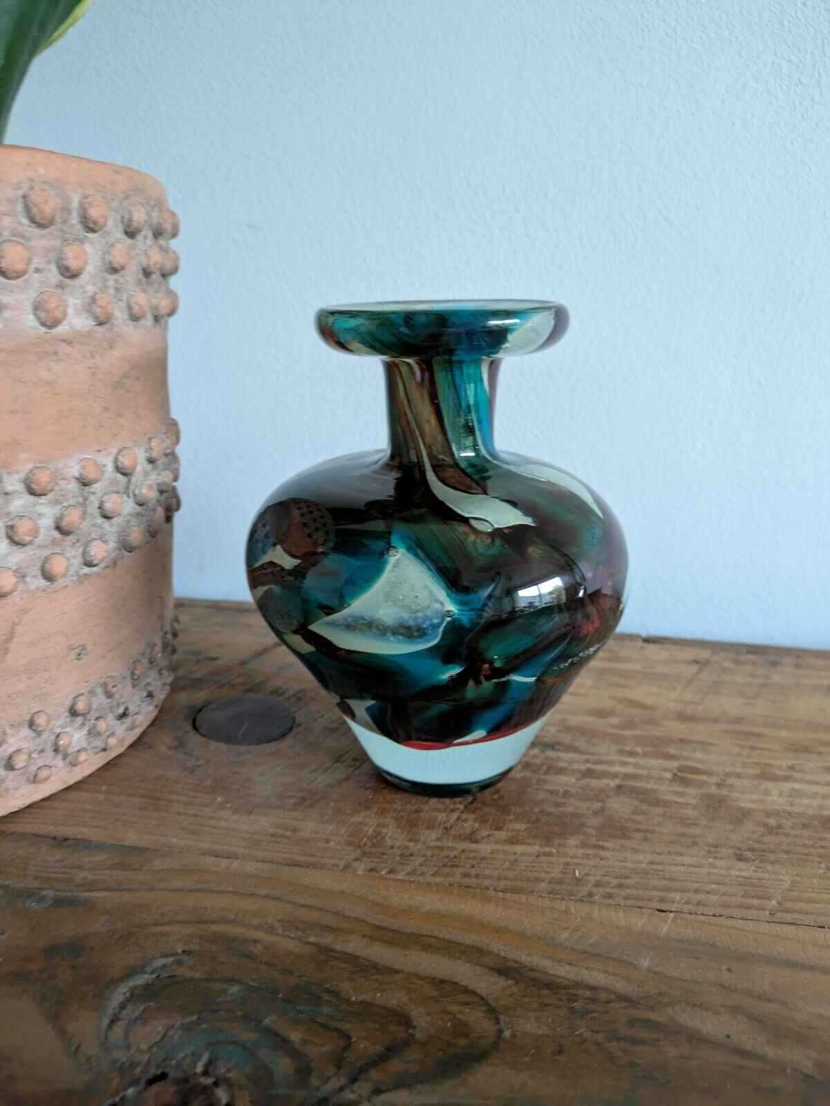 Vintage Mdina Maltese Glass 'Tiger' Pattern Vase Studio Art Retro Blue Brown Vgc