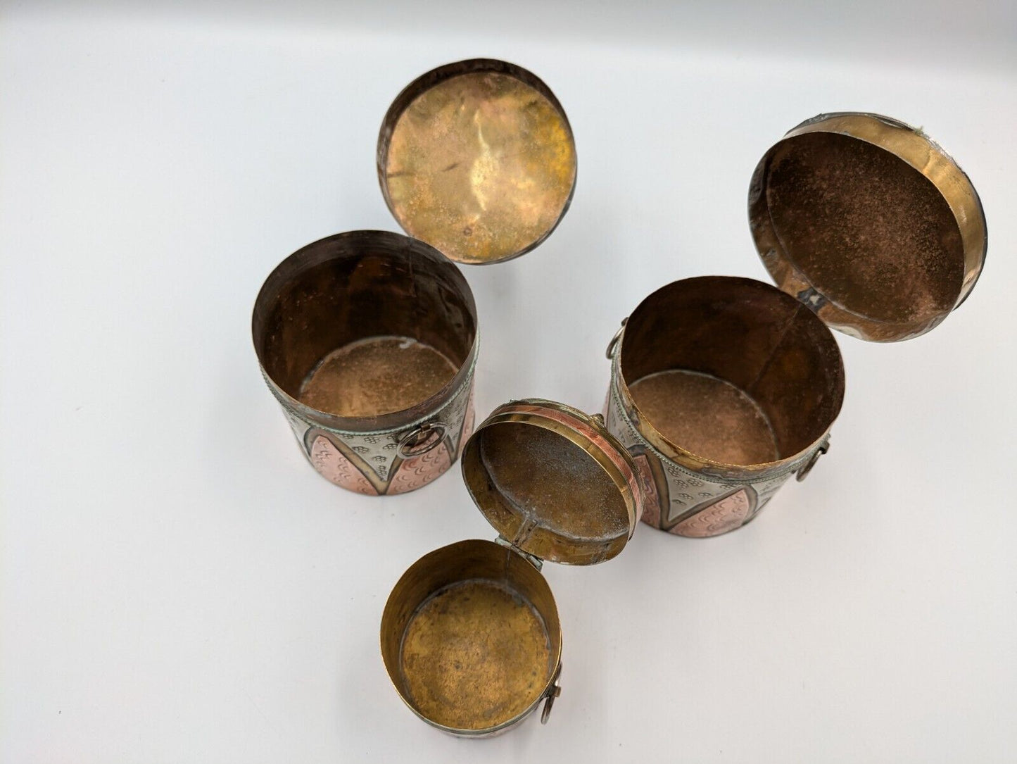 SET OF 3 VTG ISLAMIC PERSIAN COPPER BRASS MIXED METALS SNUFF HANGING BOX GIFT