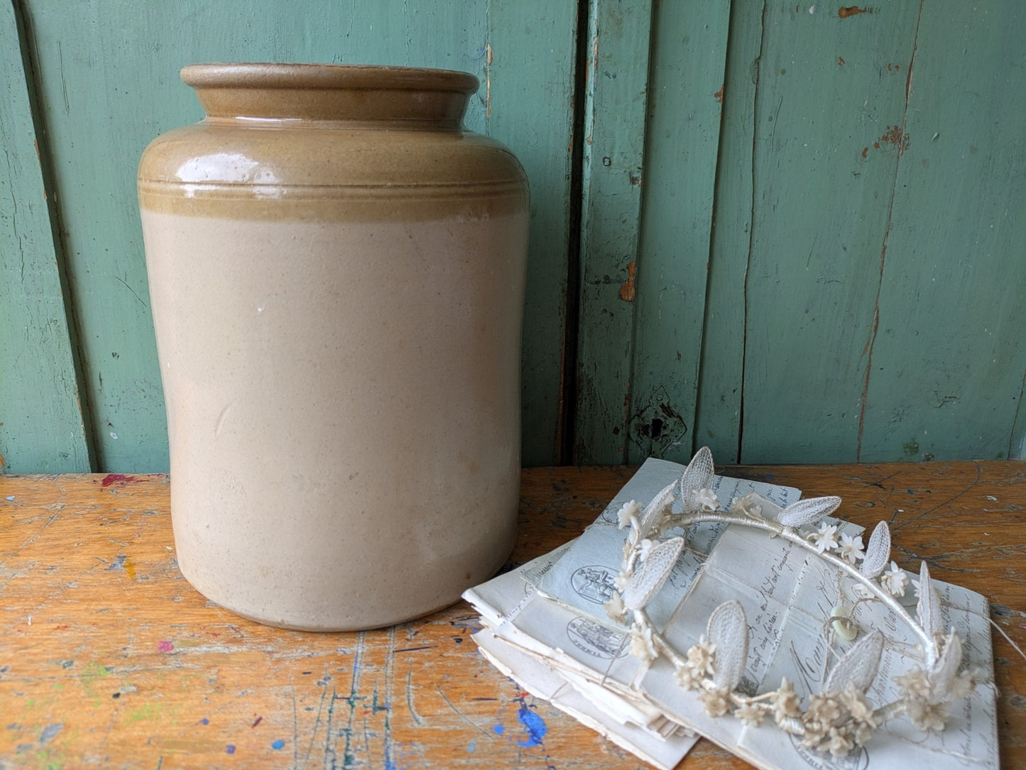 XL Antique Large Stoneware Country Farm House Salt Glazed Pot Utensil Vintage
