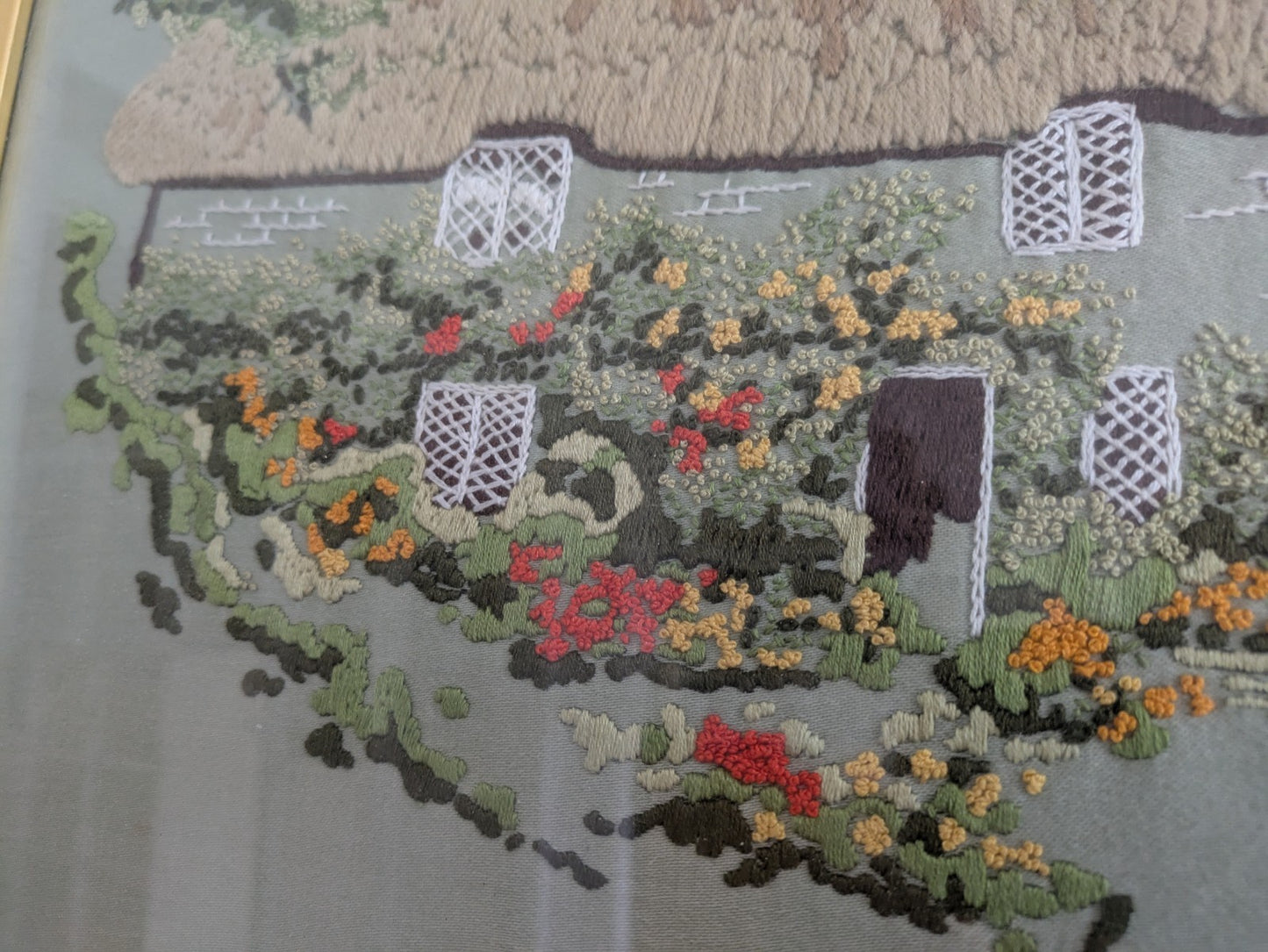 Vintage Old Needlework Crewel Stitchwork Crochet Cottage House Picture English