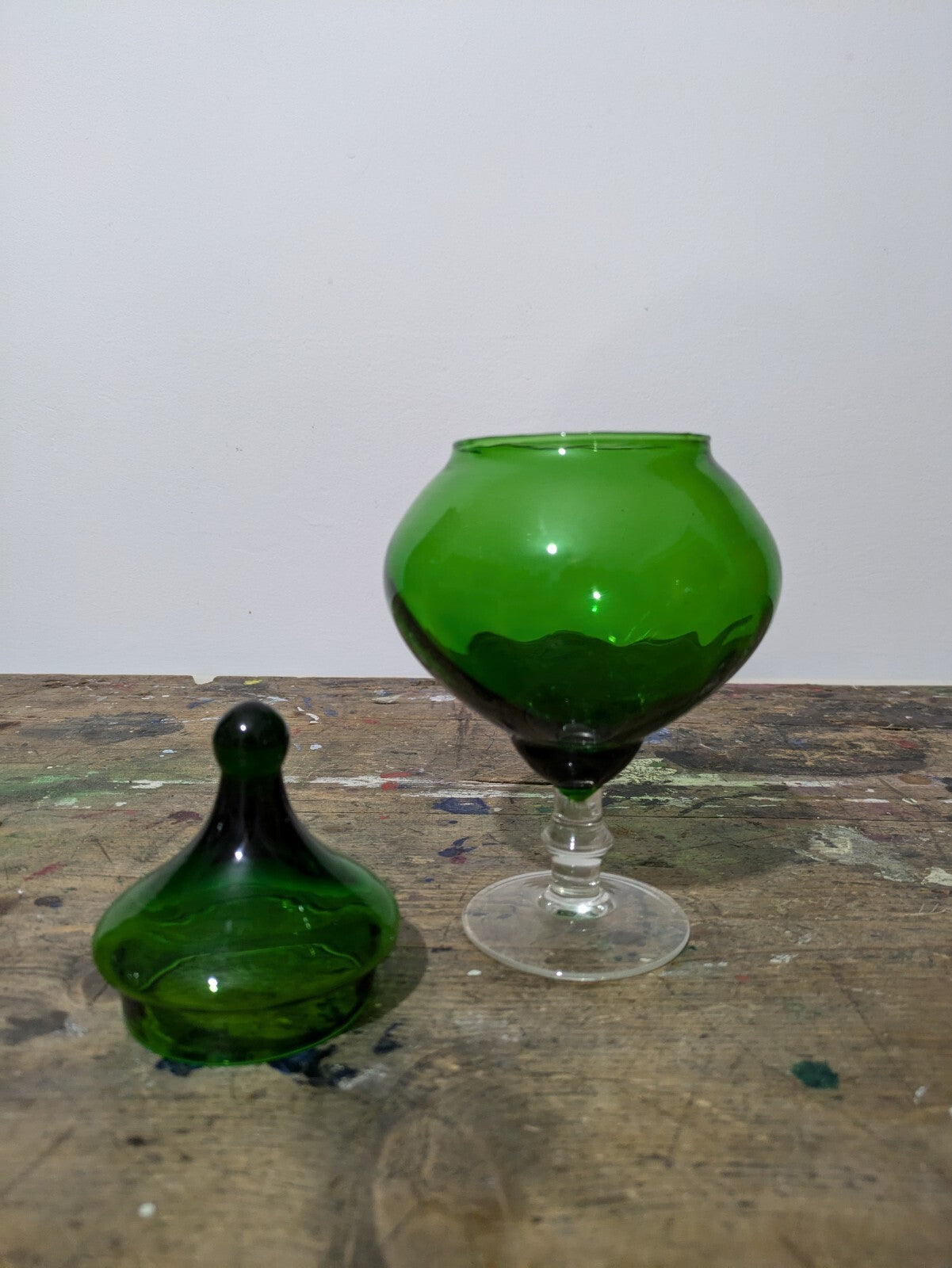 Vtg Mid Century Empoli Italian Glass Bon Bon Jar Emerald Green Clear Stem Circus