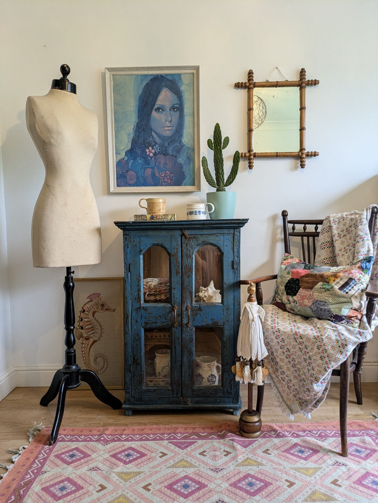Restored Antique Vintage Indian Cabinet Cupboard Paint Glazed Reclaim Blue Arch