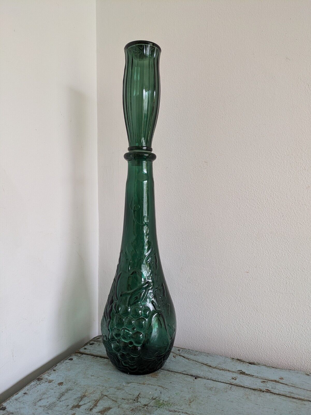 Vintage Green Glass Bottle Decanter With Stopper Fruit Motif DABS Portugal Genie