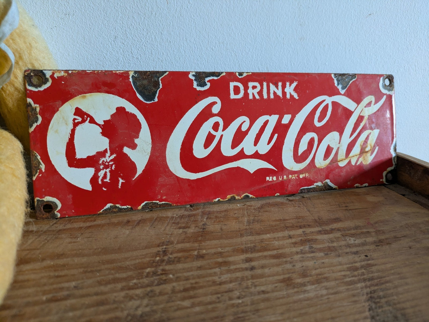 Vintage PORCELIAN COCA-COLA ENAMEL SIGN Small Advertising Metal Coke Red Wall