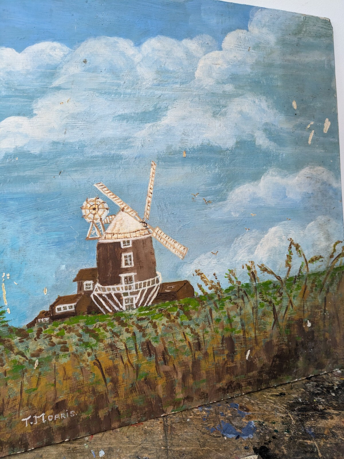 Vtg Painting T Morris Farm Windmill Oil On Board Country Picture Landscape