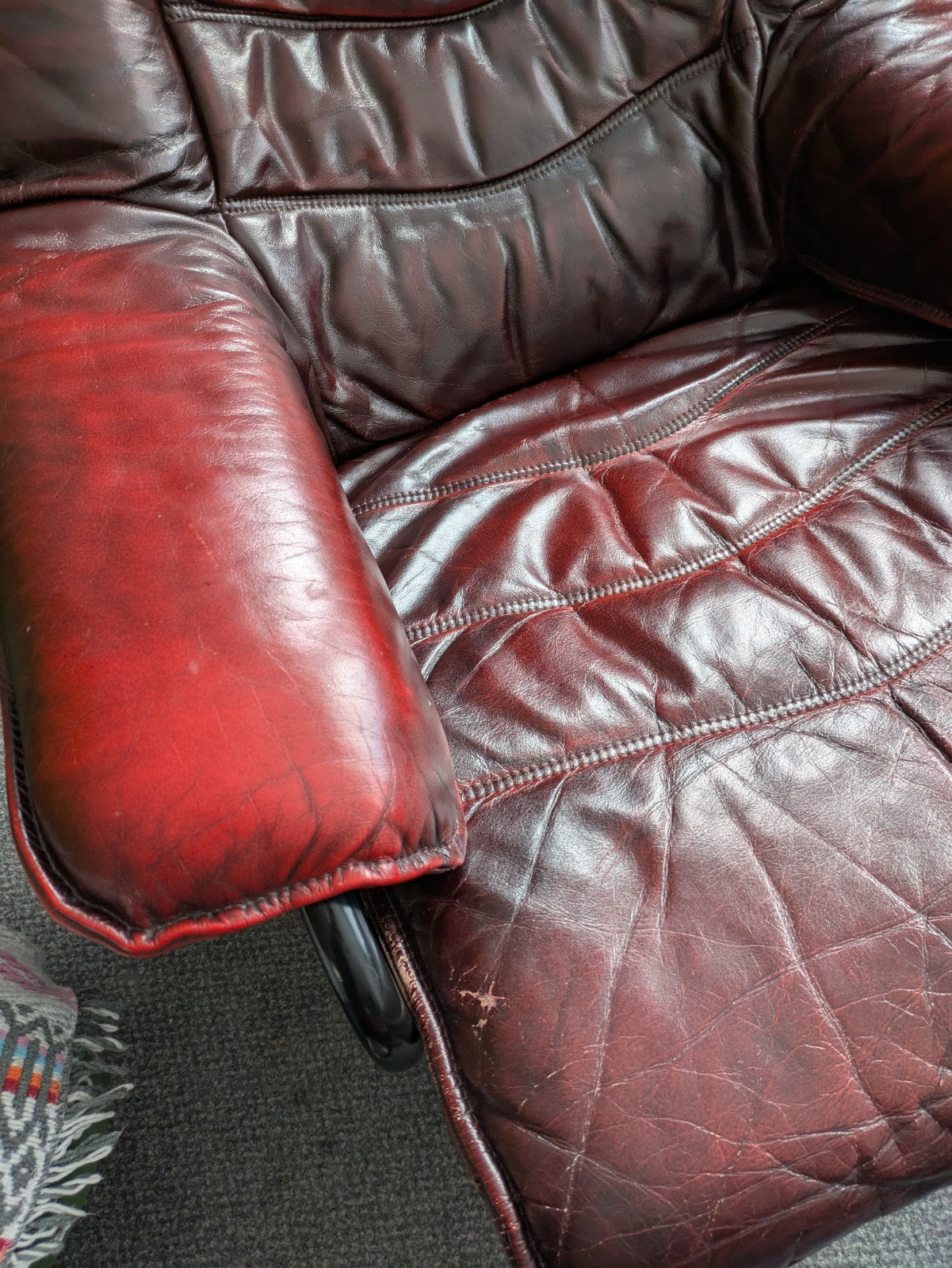 MCM Skoghaug Industries Oxblood Red Leather Swivel Recliner Armchair & Stool 60s