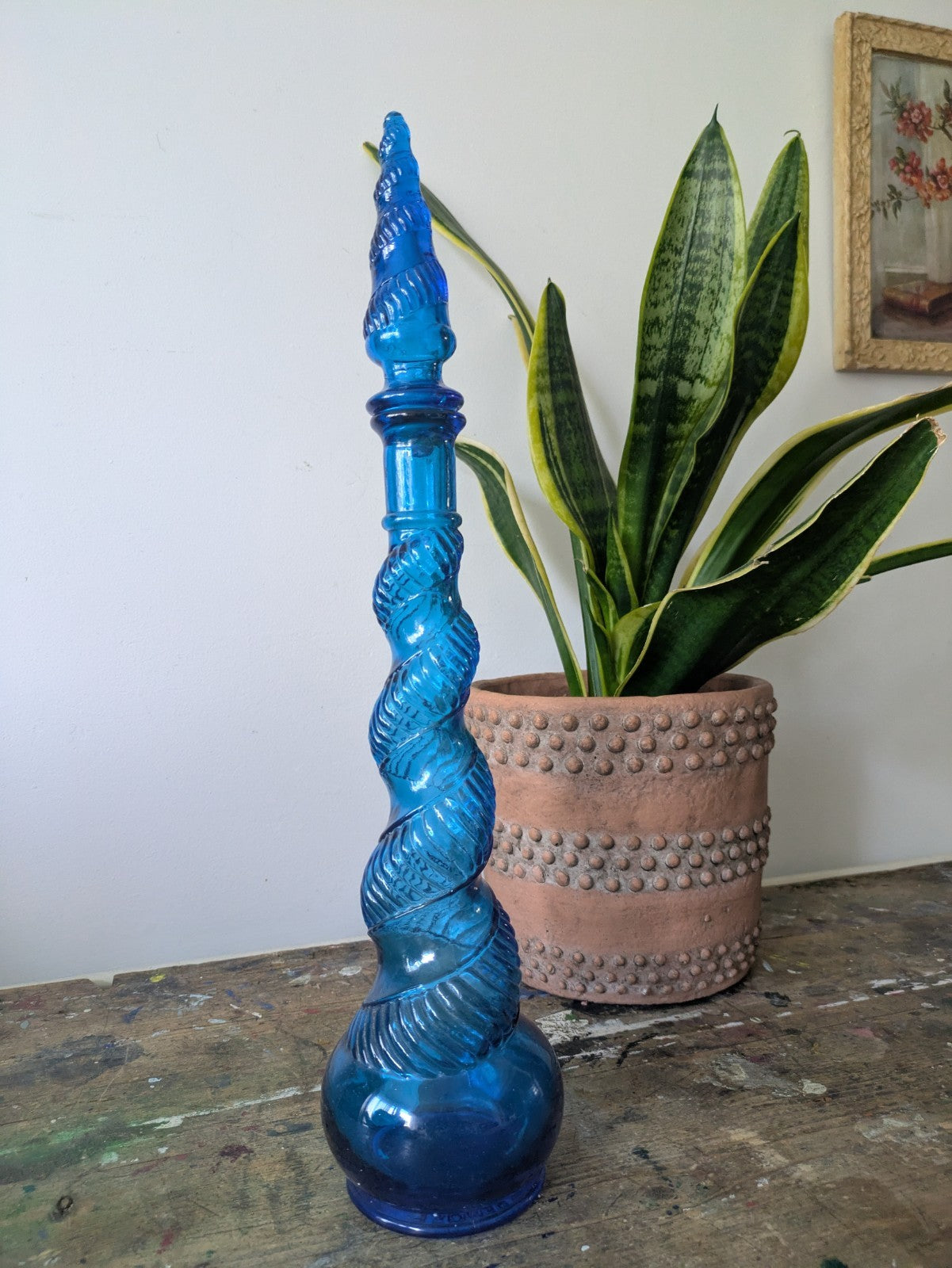 Vintage Genie Decanter Blue Spiral Glass French 1960s Depose Bottle 70s Stopper