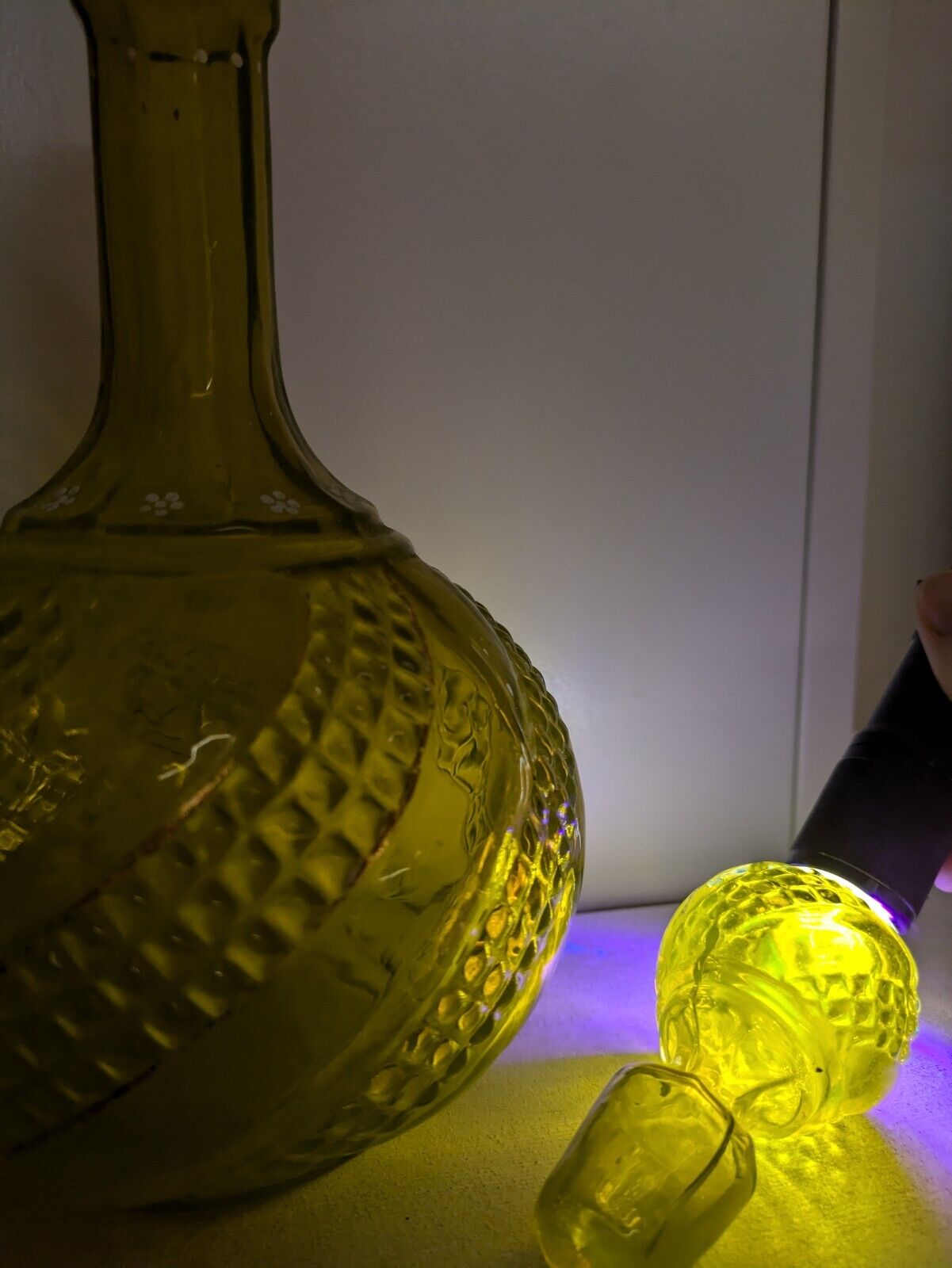 Vintage Yellow Vaseline 1920s 30s Glass Decanter Hand Painted Gold Rare Stopper