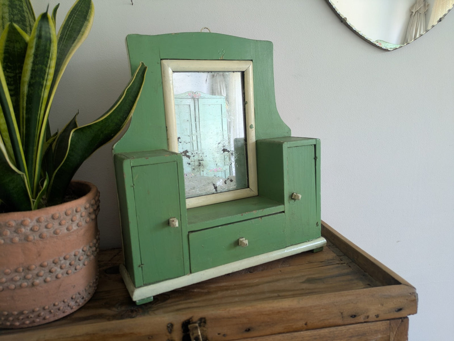 Antique Romanian Art Deco Wood Table Vanity Mirror Drawers Green Cupboard Wall