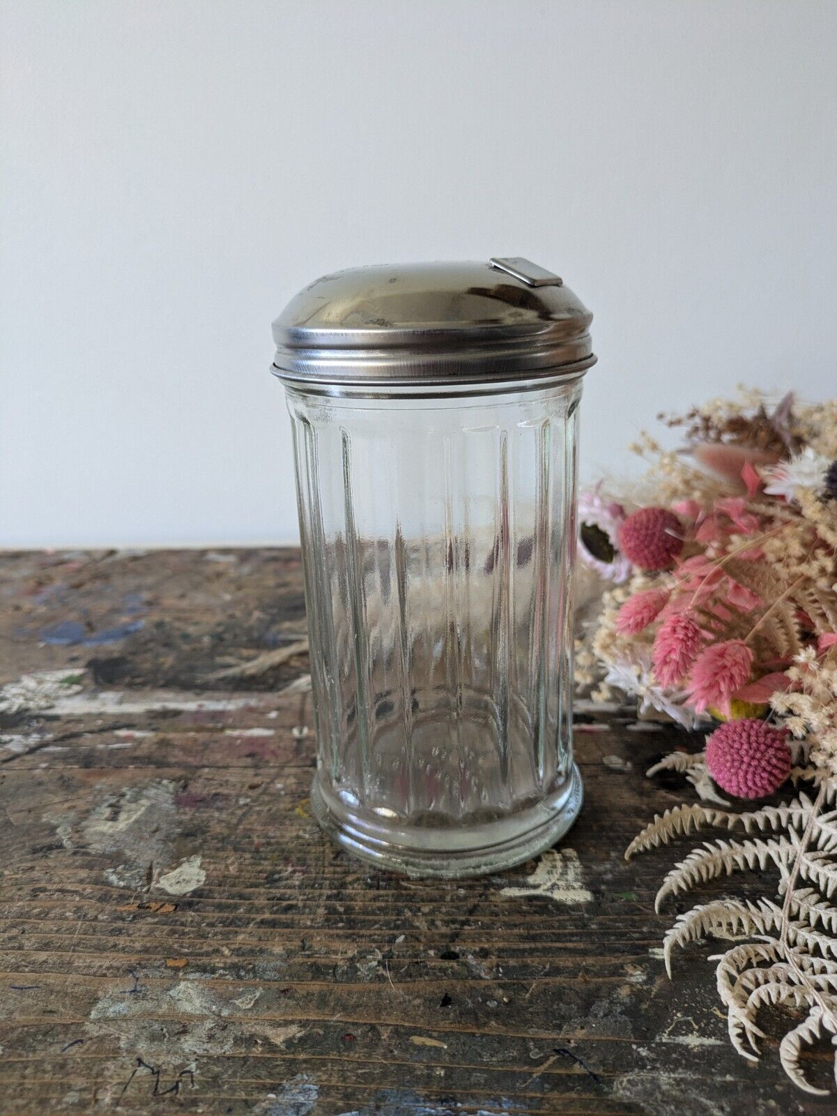 Vintage Gemco USA Ribbed Glass Diner Sugar Dispenser Stainless Steel Lid Shaker
